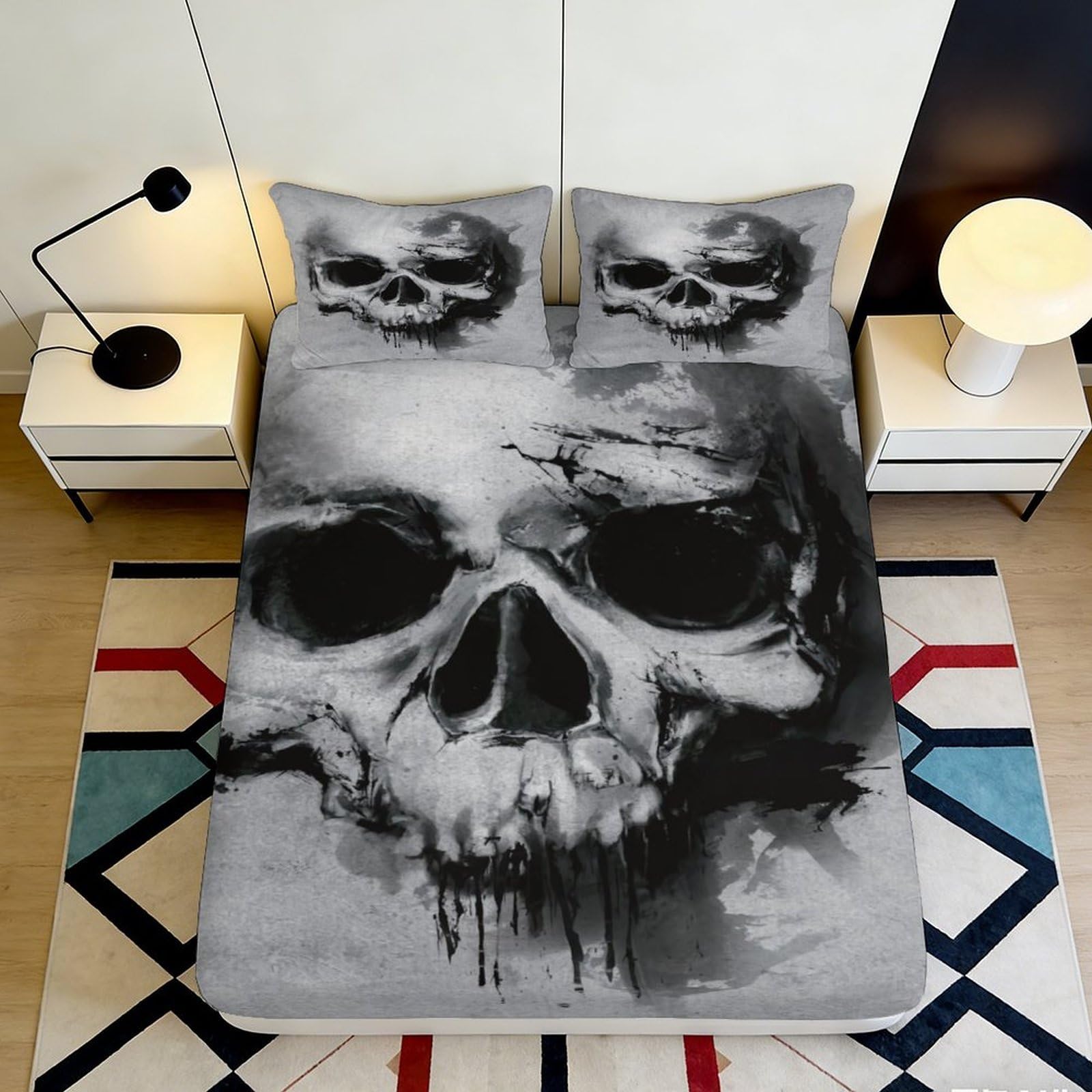 3D Printed Skull Art Fitted Sheet Microfiber Soft Black Gothic Skeleton Mattress Cover for Bedroom Dorm Decor 90x200x25cm