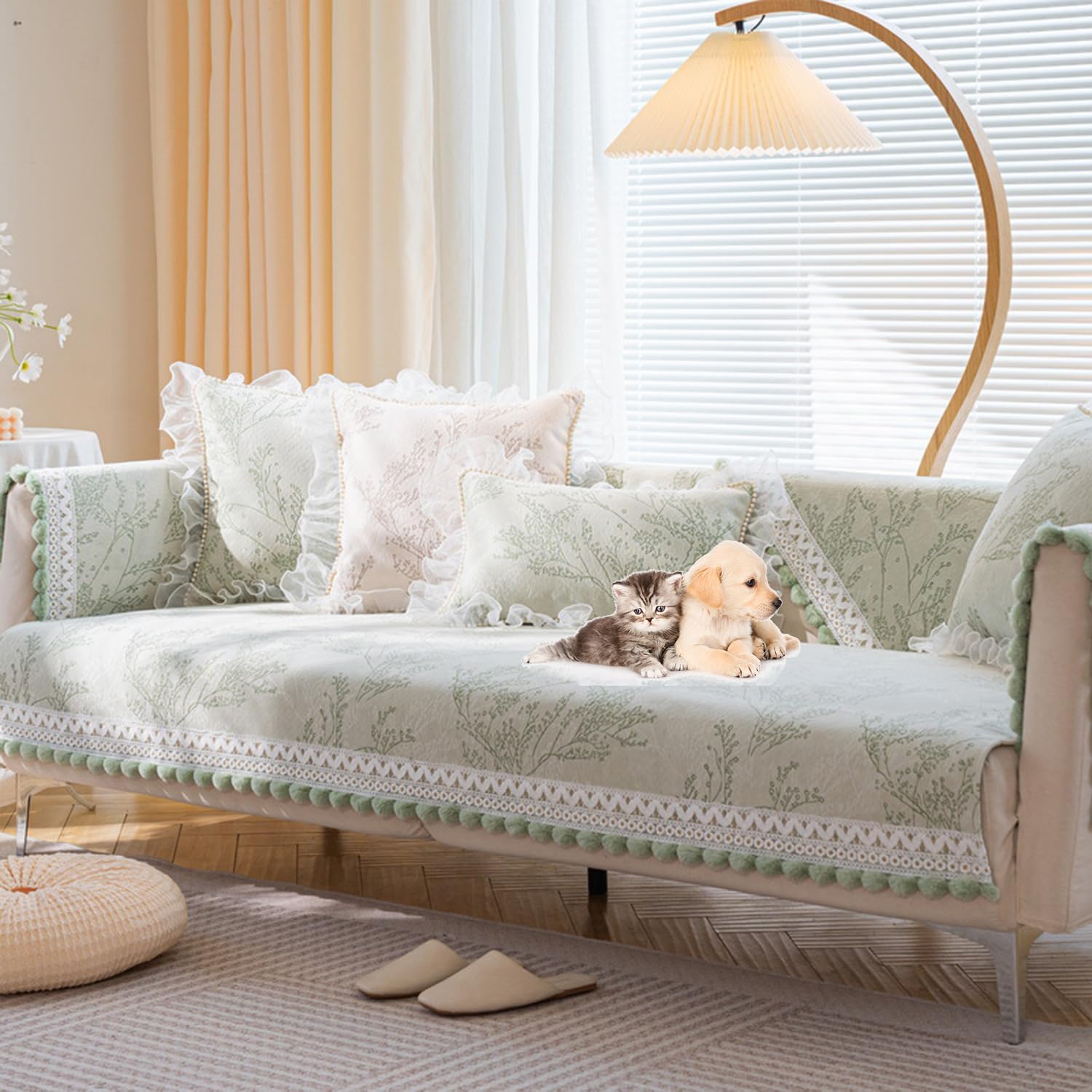 Housse de canapé jacquard lavable et antidérapante verte 2 à 4 places