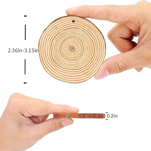 Miniatura 8 de Artmag Rebanadas de madera natural, 40 piezas de 2 a 2.4 pulgadas, sin terminar, manualidades preperforadas con agujero, círculos redondos de madera