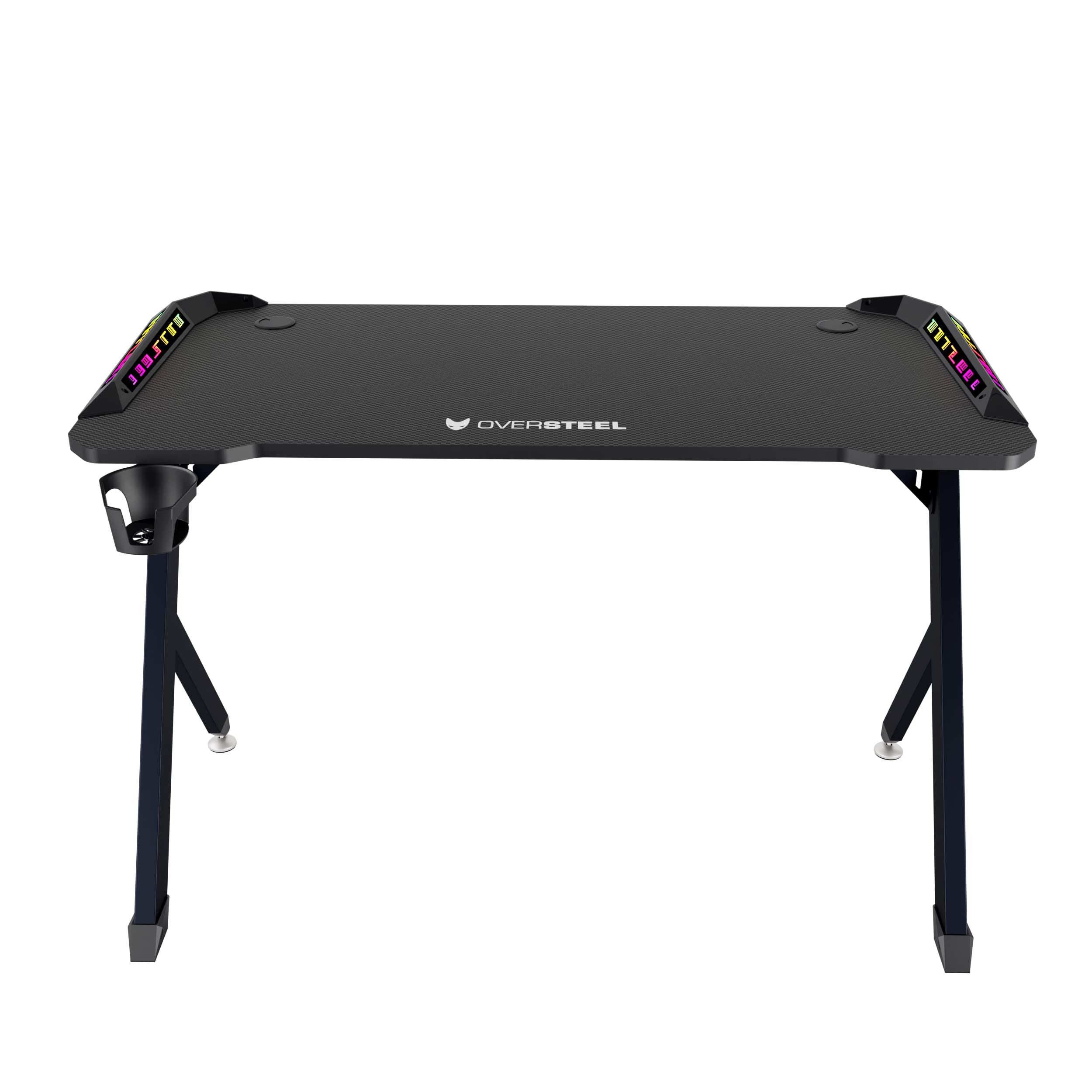 Oversteel - Vitallium Mesa Gaming 120x60x75 cm, Luz LED RGB, Superficie de Fibra de Carbono, Ergonómica, Soporte para Vasos y Auriculares, Escritorio de Ordenador, Negro