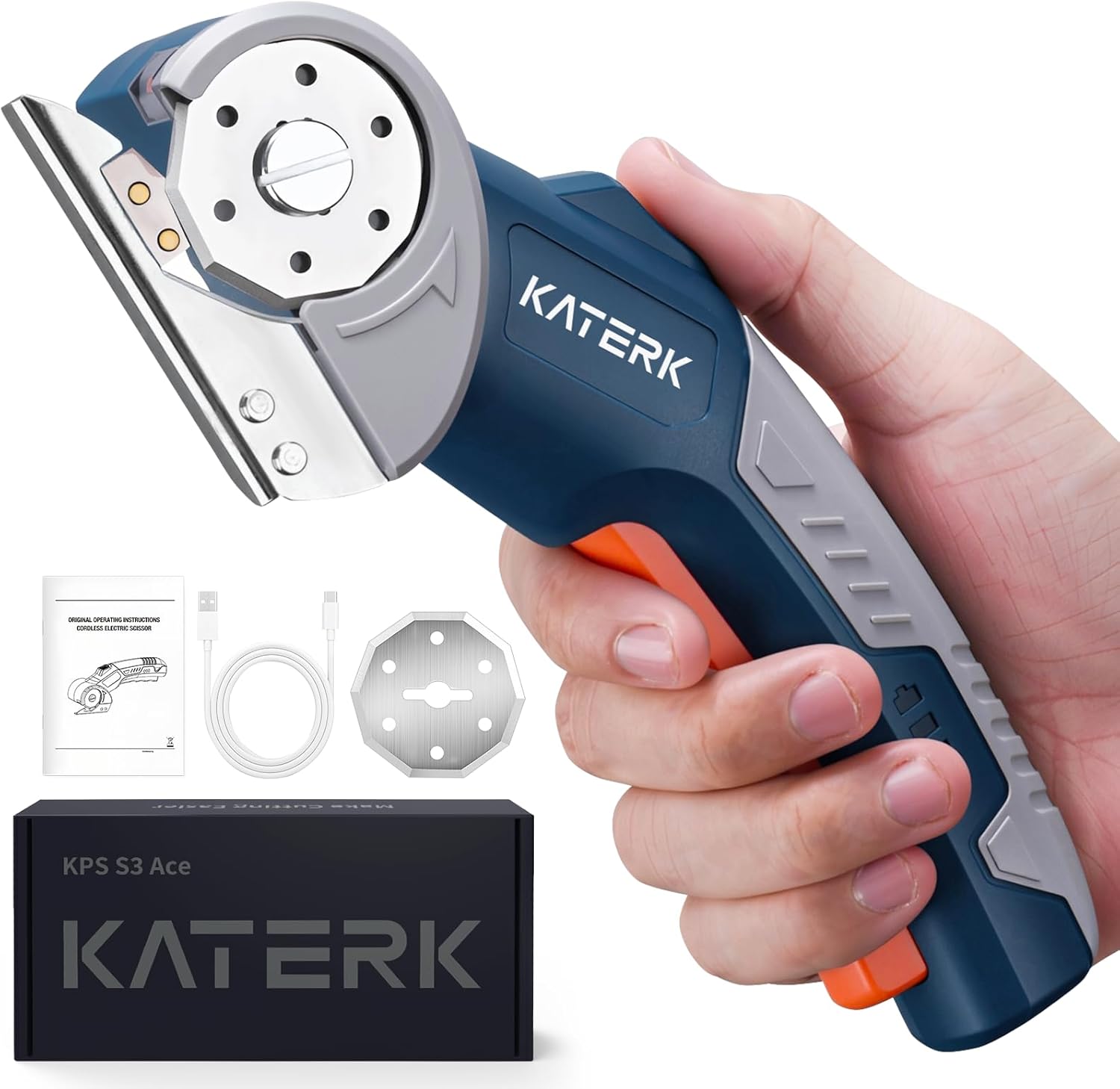 Electric Box Cutter, Katerk Cordless Electric Scissors with Safety Lock & LED Light, Cardboard Cutter, Ambidextrous Use, Rotary Cutter for Fabric, Leather, Plastic, Crafting