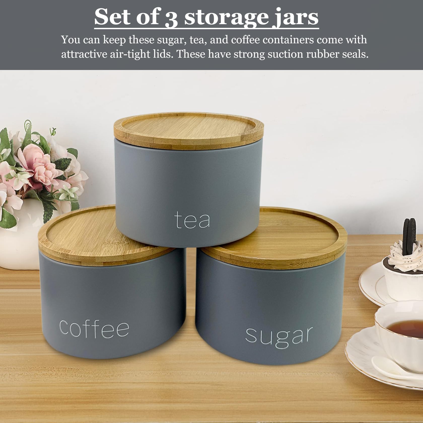SAFRI 3 Pieces Jar with Wooden Lid Tea Coffee Sugar Canister Storage Container Bowl Pots Kitchen Storage Tins (Grey) - Image 4
