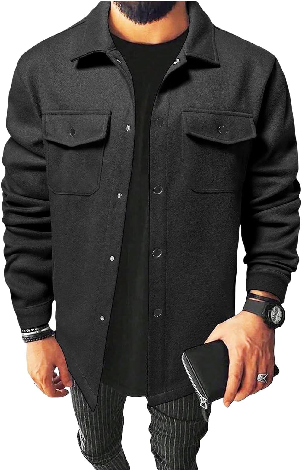 Mens Shirt Jacket Fall Casual Shacket Lightweight Work Coat Button Down Long Sleeves Trendy Overshirt with Pockets