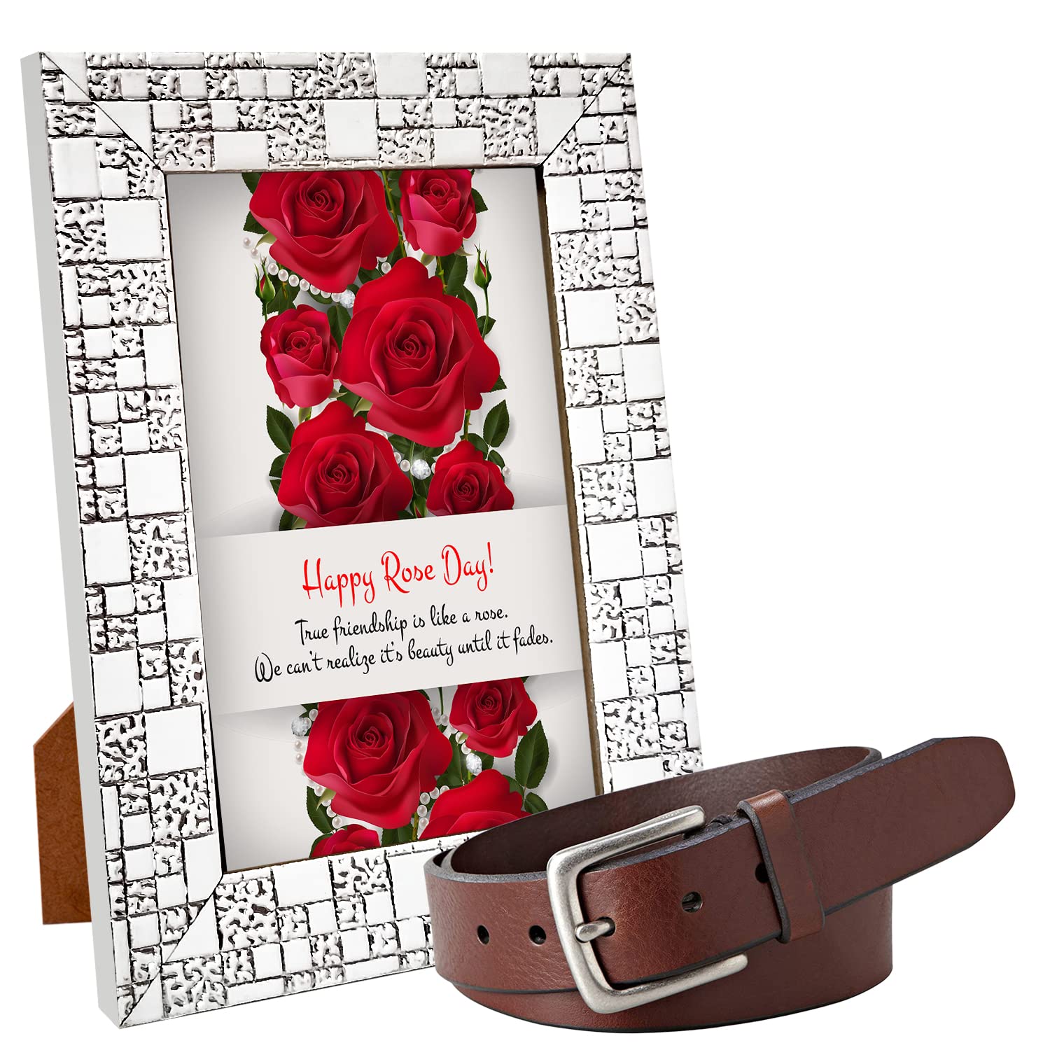 Happy Rose Day True Friendship Is Like A Rose We Can'T Realize It'S Beauty Until Its Fades Quotation Photo Frame with Brown Belt for Men Hamper Pack of 2 Gift for Him-image-1