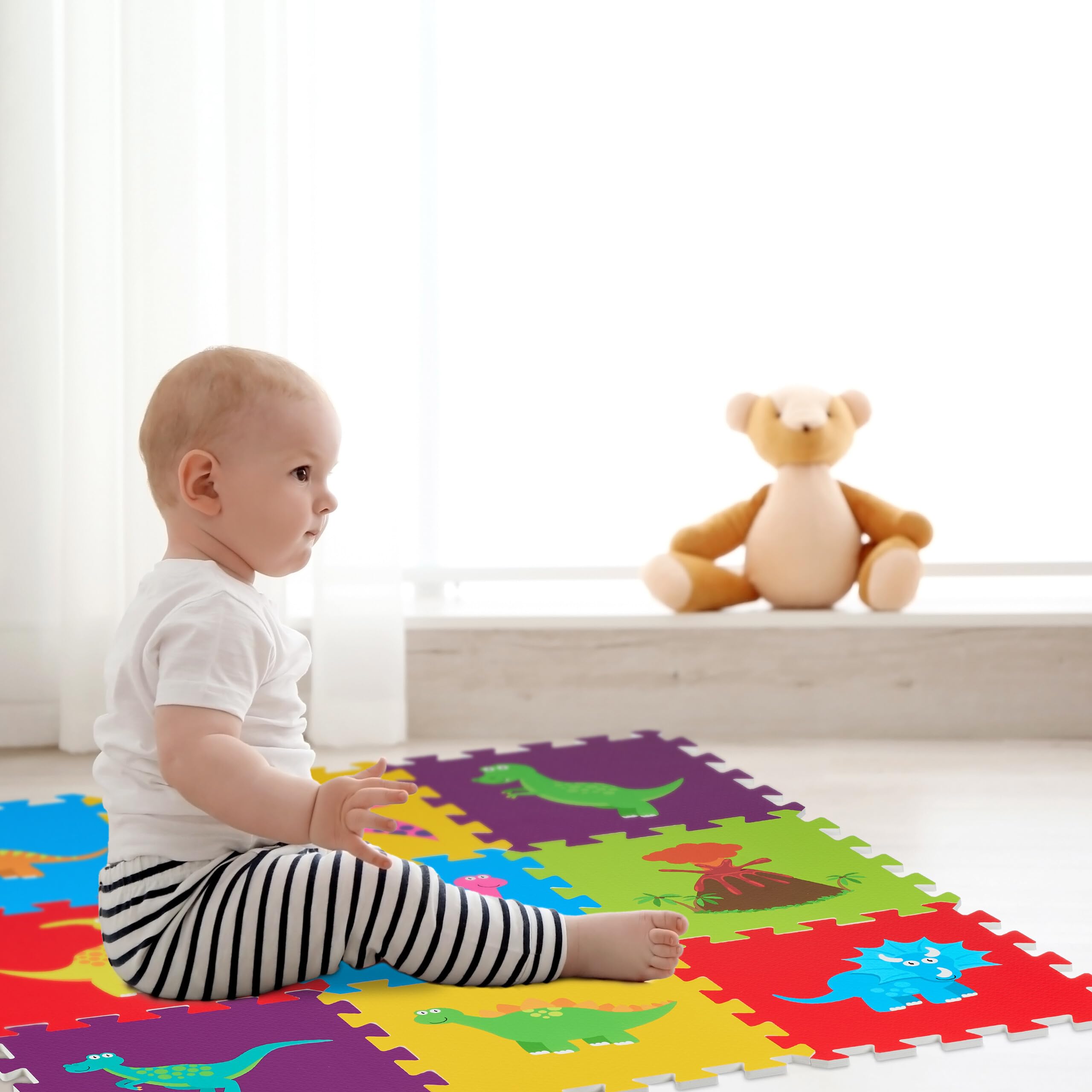 Relaxdays Dywan puzzle, mata do zabawy 3 x 3, dinozaury, mata do raczkowania, guma piankowa bez BPA, wielokolorowa, 86 x 86 cm