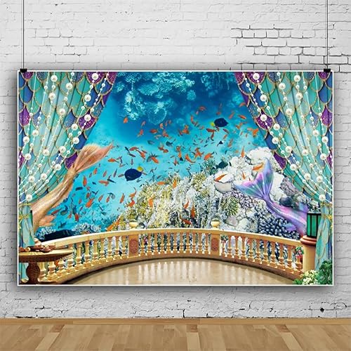 Miniatura 3 de Laeacco Telón de fondo de sirena bajo el mar de 10 x 8 pies, cortina de perlas para balcón, castillo submarino, peces del océano, fondo de