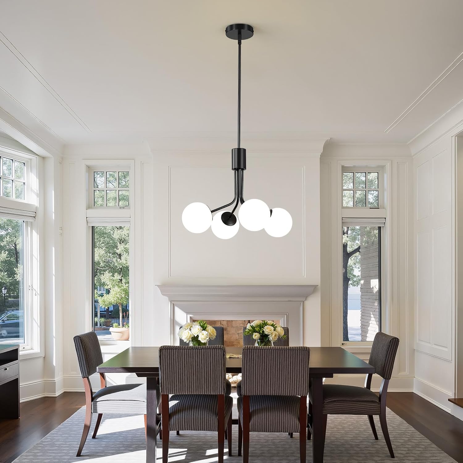 4-Light Black Sputnik Chandelier with Adjustable Height, Modern Black Globe Pendant Ceiling Light, Mid Century Hanging Light Fixture for Dining Room Kitchen Island Foyer Staircase