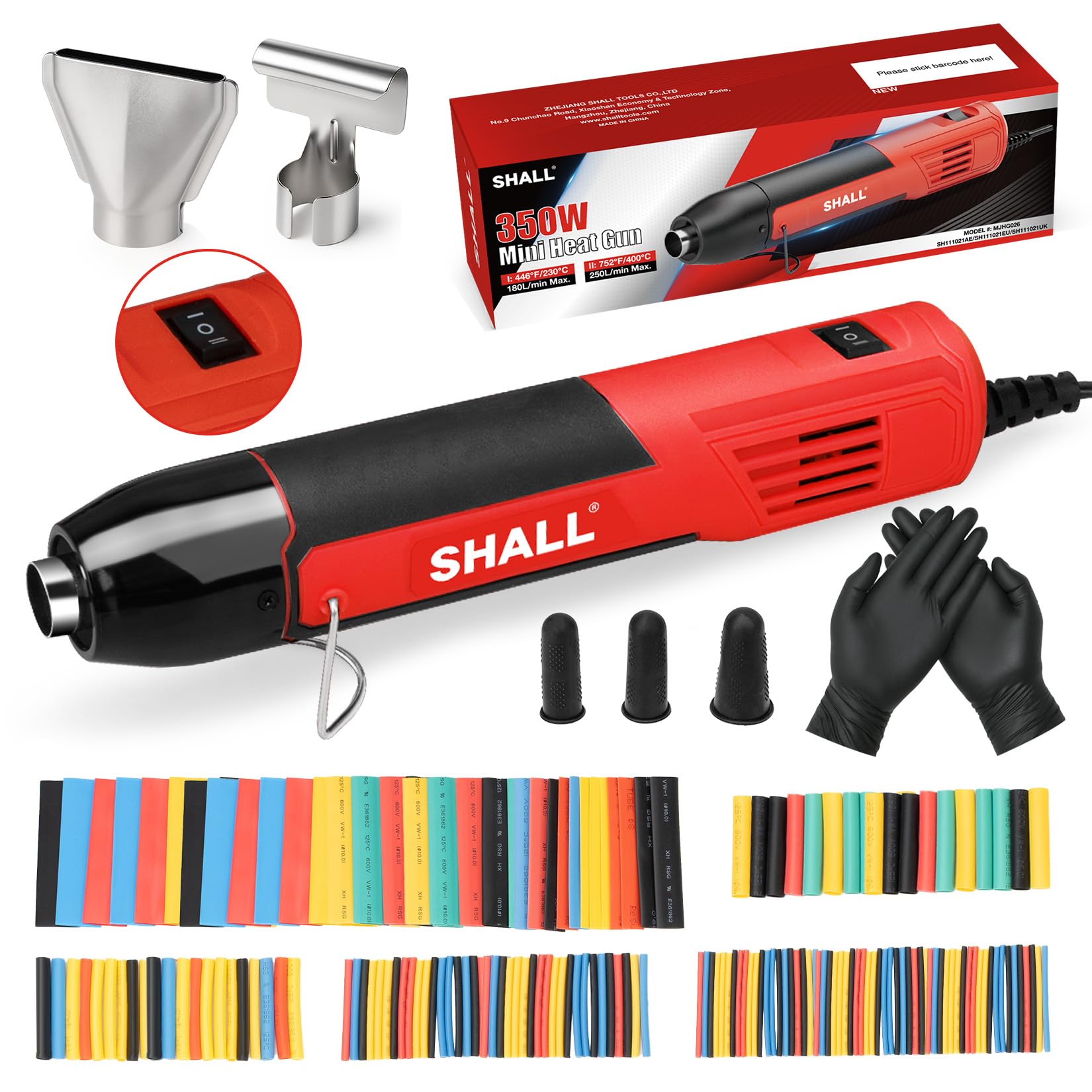 SHALL Mini set di pistole termiche, pistola termica portatile, supporto pieghevole, 2 impostazioni di temperatura 230°C/400°C, adatto per lavori artigianali, pellicola termoretraibile