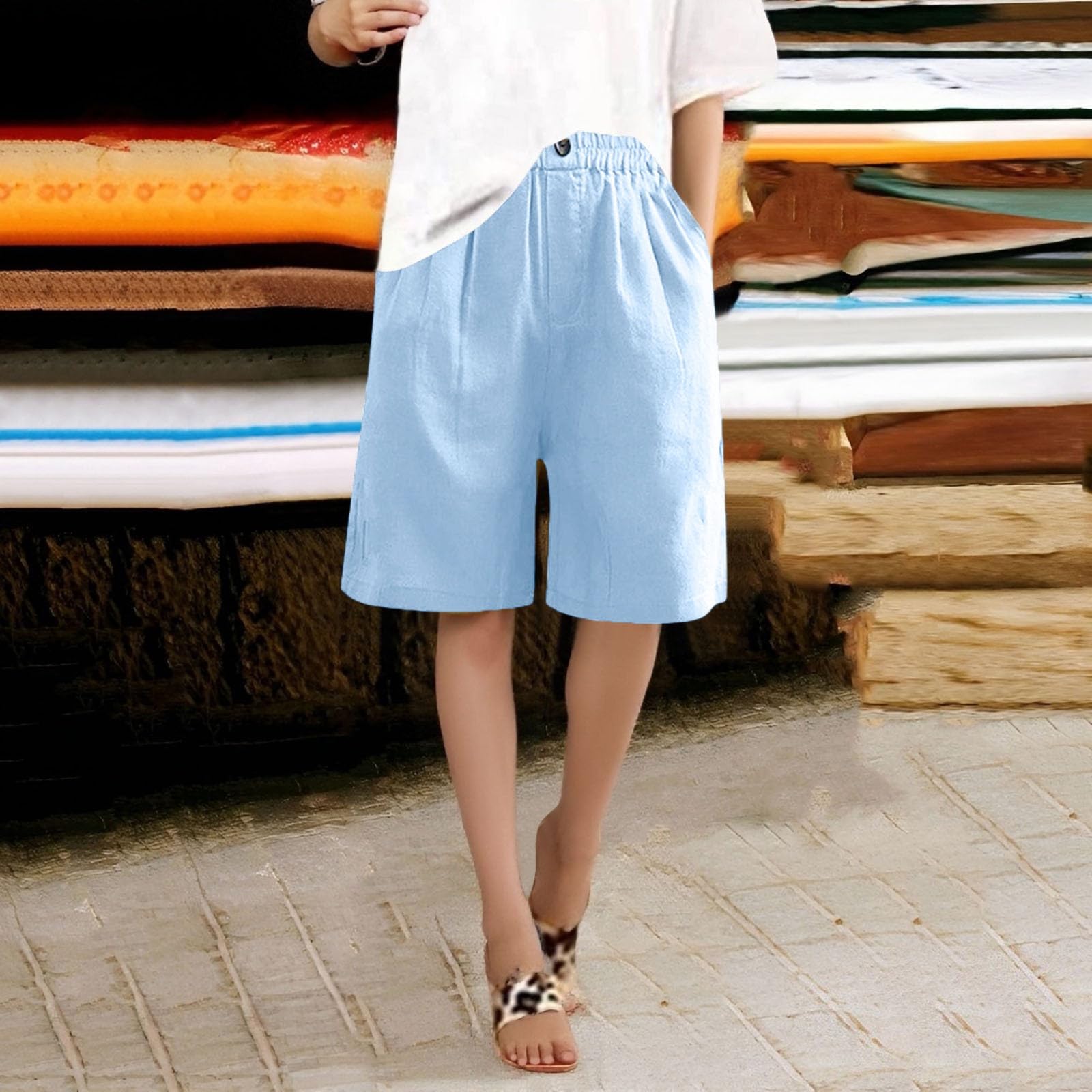 Pantaloncini Estivi da Donna, con Lunghezza al Ginocchio ed Elastico in Vita, Cotone e Lino, Elasticizzati, Stile Casual, per la Spiaggia Il Tempo Libero, Larghi, Taglie Forti
