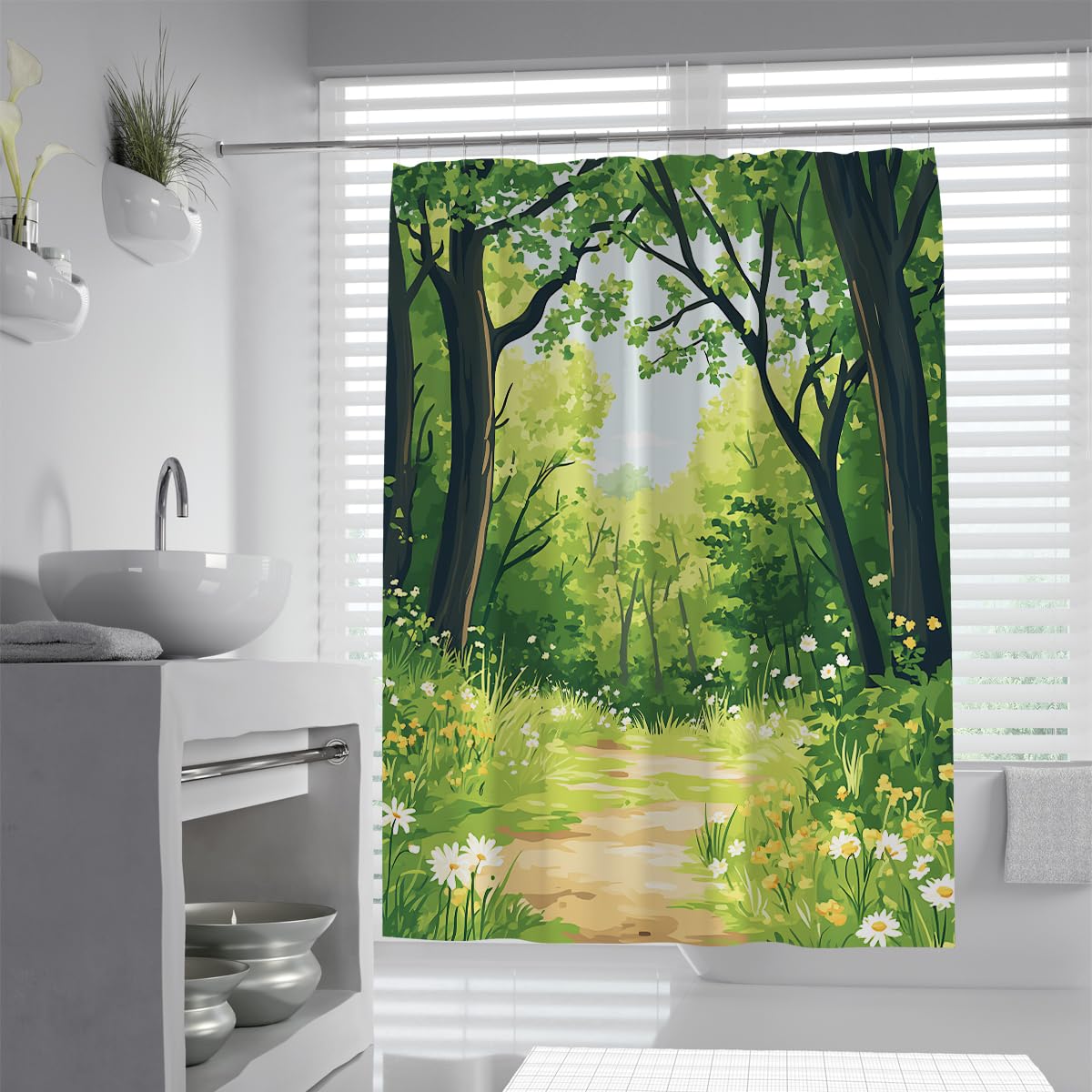 UERWOWELL Green Forest Path Shower Curtain Watercolor Nature Shower Curtain Summer Landscape Polyester Fabric Curtains for Tub with Rings Hooks Washable W180xL180 cm