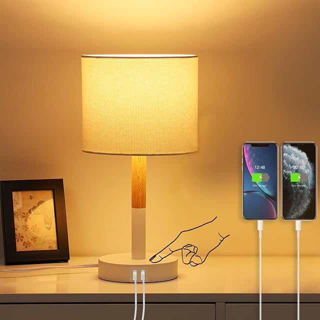 EDISHINE 15in Touch Bedside Lamps, Touch Control Table Lamp with 2 USB Charging Ports, Modern Nightstand Lamp Fabric Shade, Desk Lamp for Reading, Bedroom, Living Room, E27 Base, Christmas Gifts