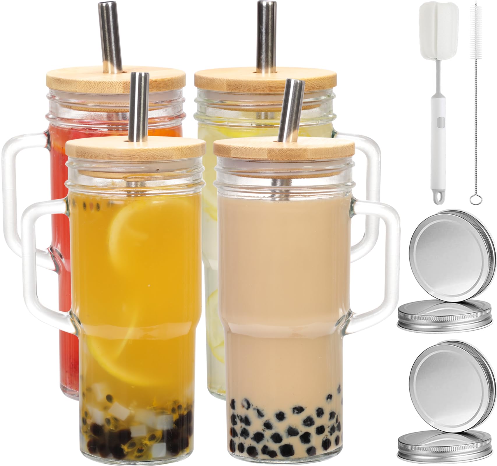 CJWLKJ 24oz 4-Pack Glass Cups with Lids and Straws, Glass Tumbler with Handle, Reusable Ice Coffee Cups for Smoothies, Tea, Juice, Boba Cup for Cold & Hot Drinks, Travel Cup