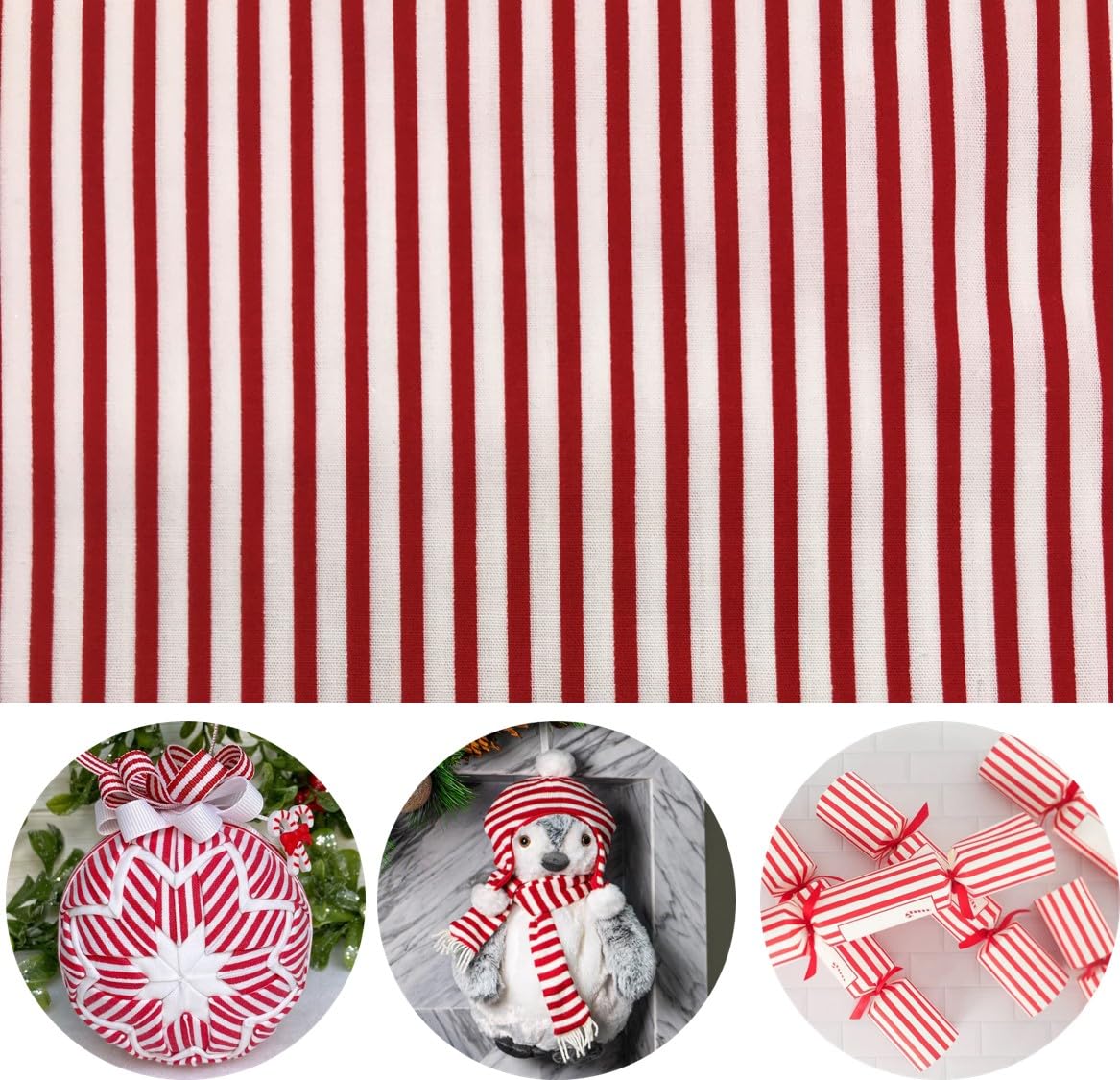 1/8" Red White Striped Fabric for Sewing Christmas Decor Candy Cane Cracker Garland Wreath Ribbon Printed Cotton Poplin Width 60 Inch (1 Yard pre Cut)