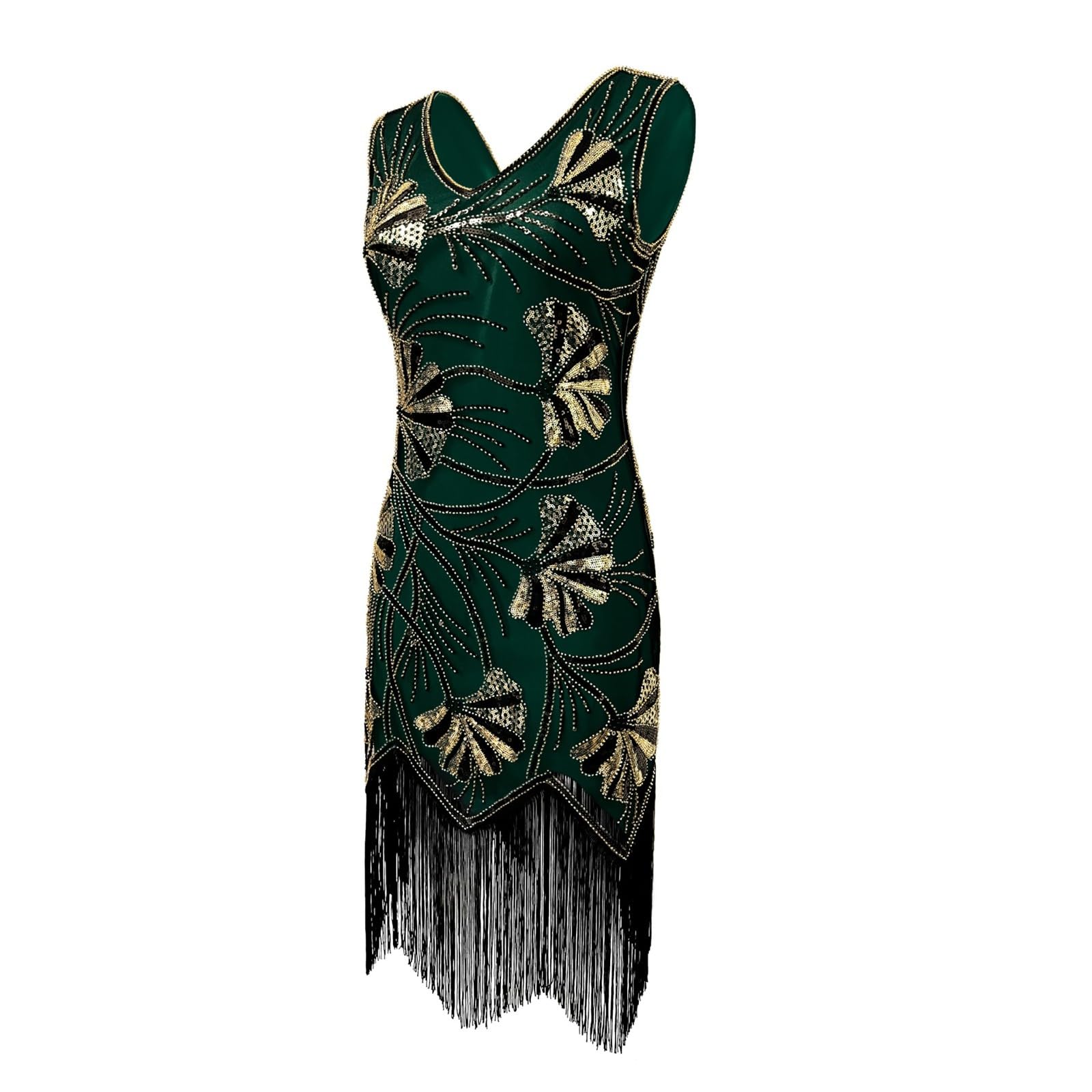 Generico Elegante Abito retrò Senza Maniche con Scollo a V, Paillettes e Frange, per Abito da Festa e Costume da Ballo