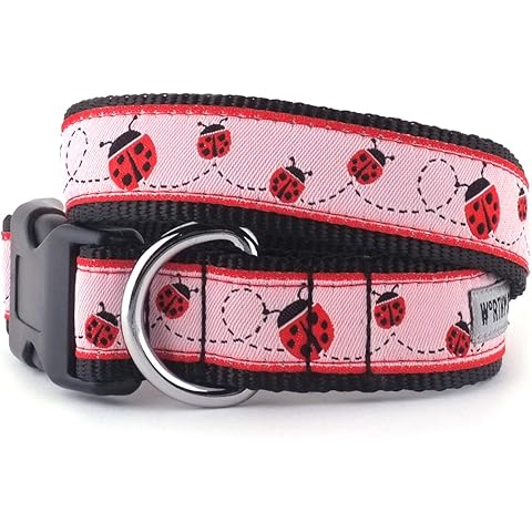 The Worthy Dog Red Ladybug Pattern Stylish & Durable Nylon Dog Collars, Adjustable Strong Buckle - Large, Pink