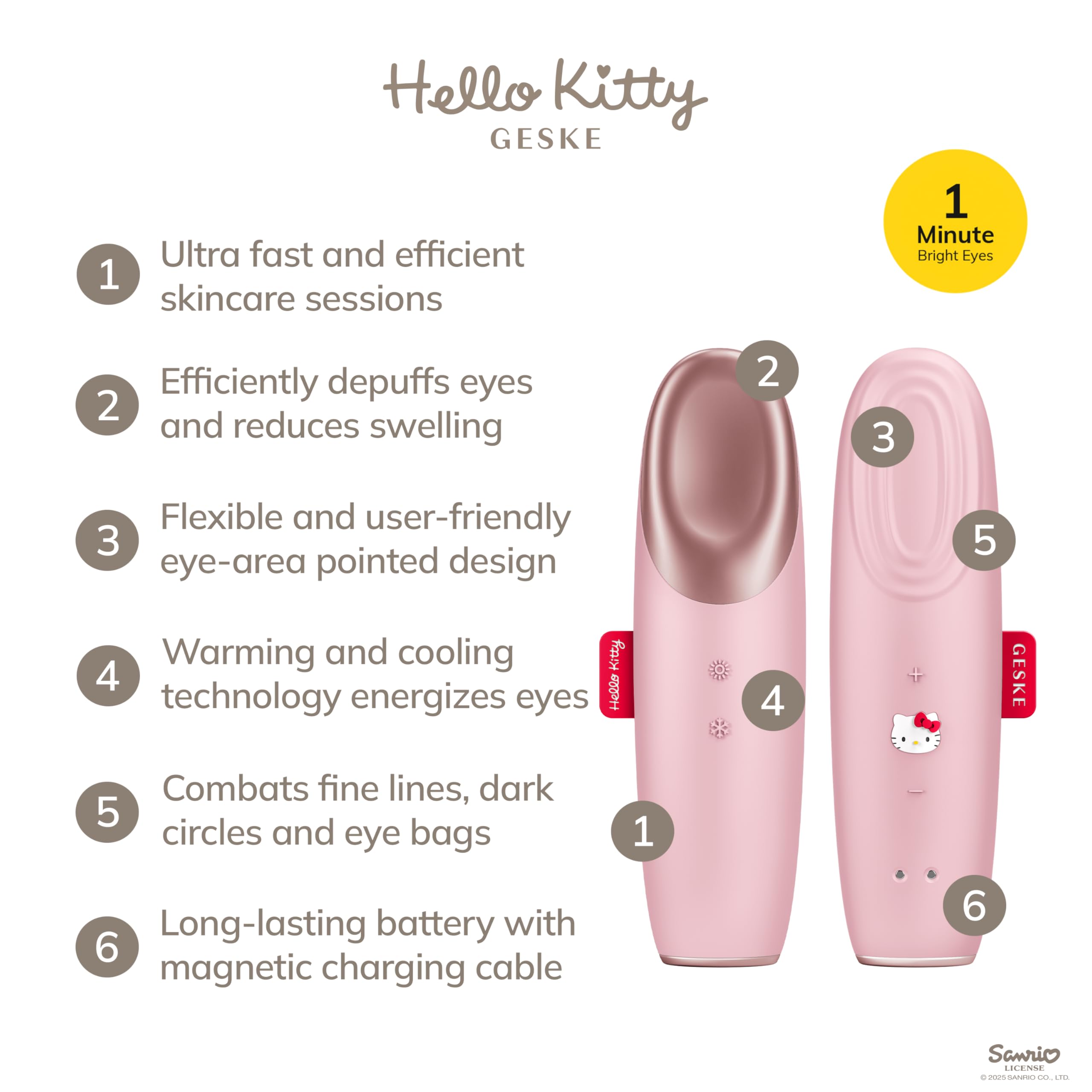 GESKE x Hello Kitty | SmartAppGuided™ Warm & Cool Eye Energizer | 6 in 1 | Augenmassagegerät | Massagegerät gegen Augenringe | Tränensäcke und Schlupflider entfernen | Elektrische Augenmassage