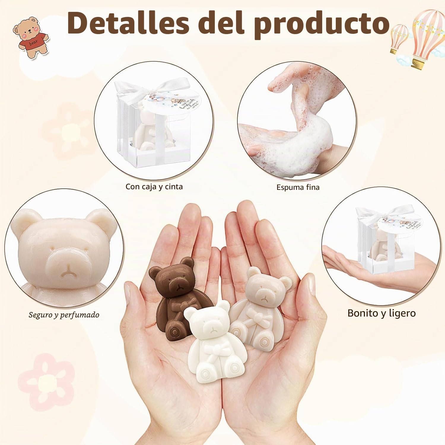 36 Conjuntos de recuerdos de Baby Shower - Pequeños jabones artesanales en forma de oso con tarjetas de agradecimiento y cajas para decoración de baby shower, regalos de invitados y fiestas de boda