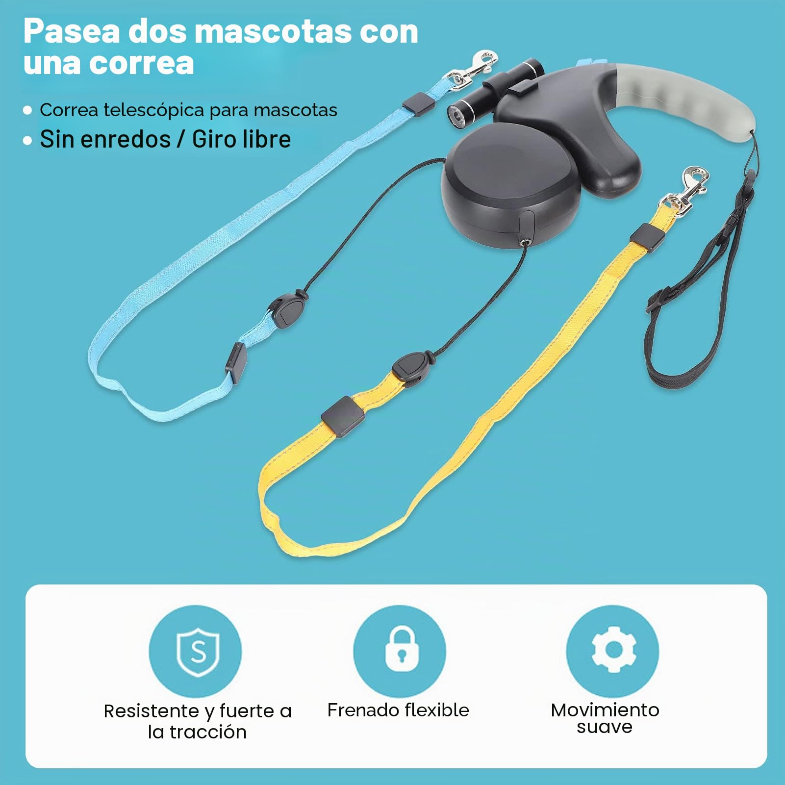 Jiawu Correa Doble para Correa Retráctil para con Luz LED para Dos Perros, Correa Extensible para Mascotas de Doble Cabeza con Cuerda Ajustable de 9.8 Pies, 360° sin Enredos(Negro)
