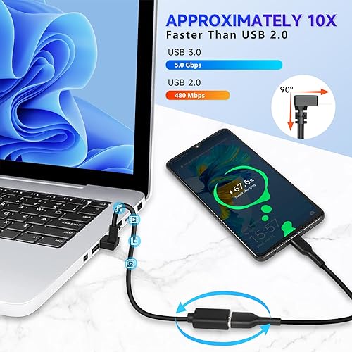 Miniatura 4 de Cable de extensión USB3.0 con ángulo hacia arriba, cable de datos USB macho a hembra de 11.8 pulgadas, adaptador USB de 90 grados con contactos