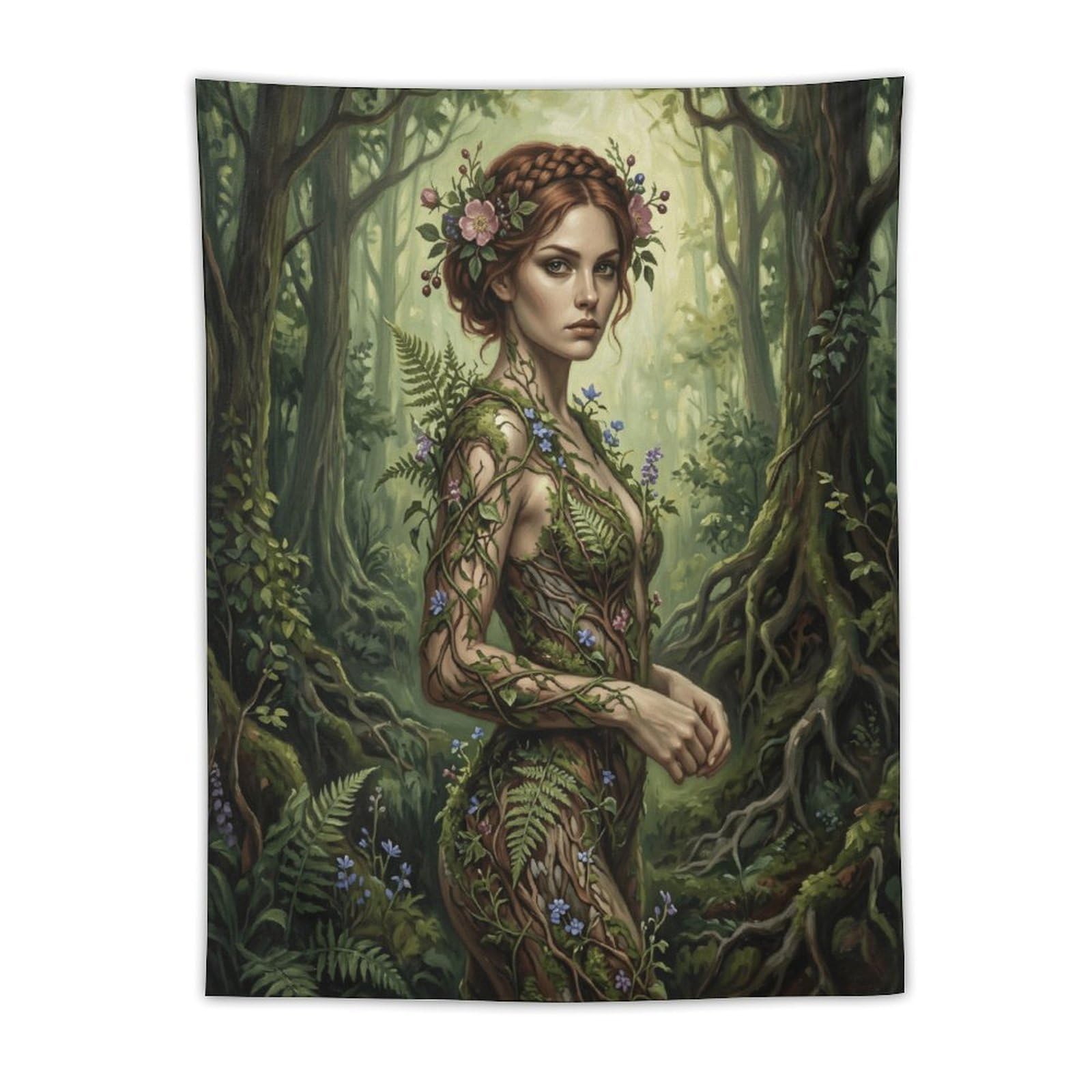 W7C8U2X3 Green Forest Goddess Wall Tapestry, Enchanted Woodland