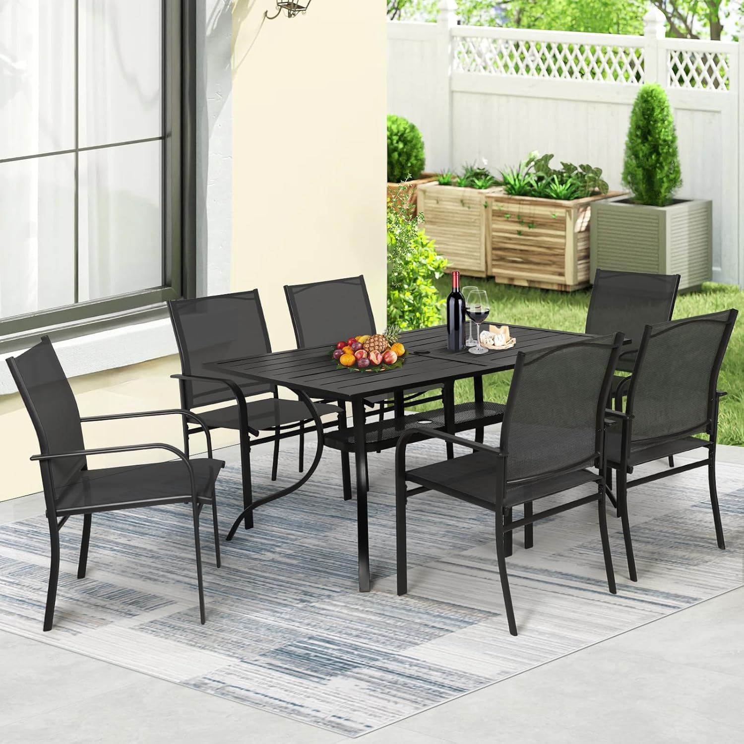 Incbruce 7 Pieces Outdoor Dining Set, Patio Metal Dining Set of 6 Textilene Chairs and Rectangle Table with Umbrella Hole for Lawn, Garden, Porch and