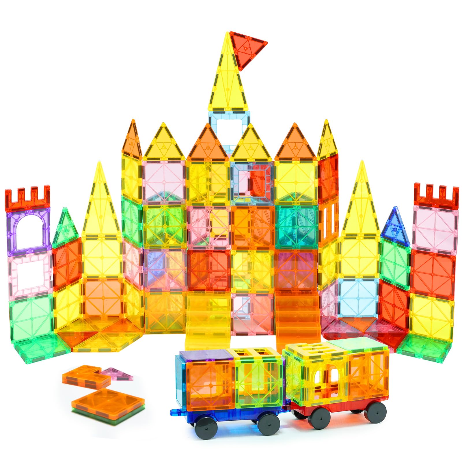 130 PCS Magnetic Tiles,Magnetic Building Blocks with 2 Cars,Magnet Tiles 3D Clear Construction STEM Preschool Sensory Educational Toys Set for Kids Toddlers Boys 3 4 5 6 7 8 9+ Year Old