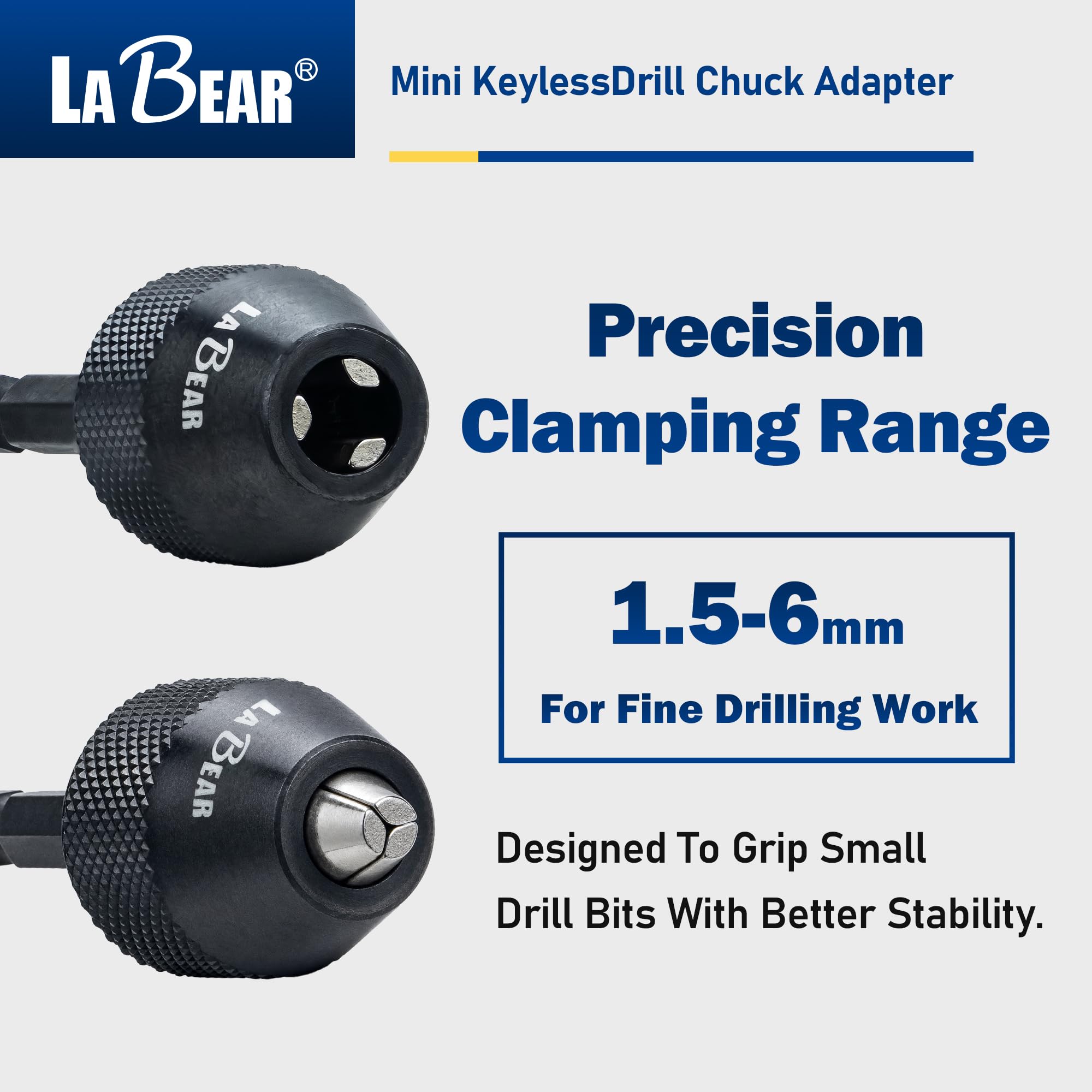 LABEAR Mini adaptador de portabrocas de 3 mandíbulas sin llave con vástago hexagonal de cambio rápido de 1/4 pulgadas para sostener brocas de aleación de aluminio de 0.3 a 6.5 mm negras