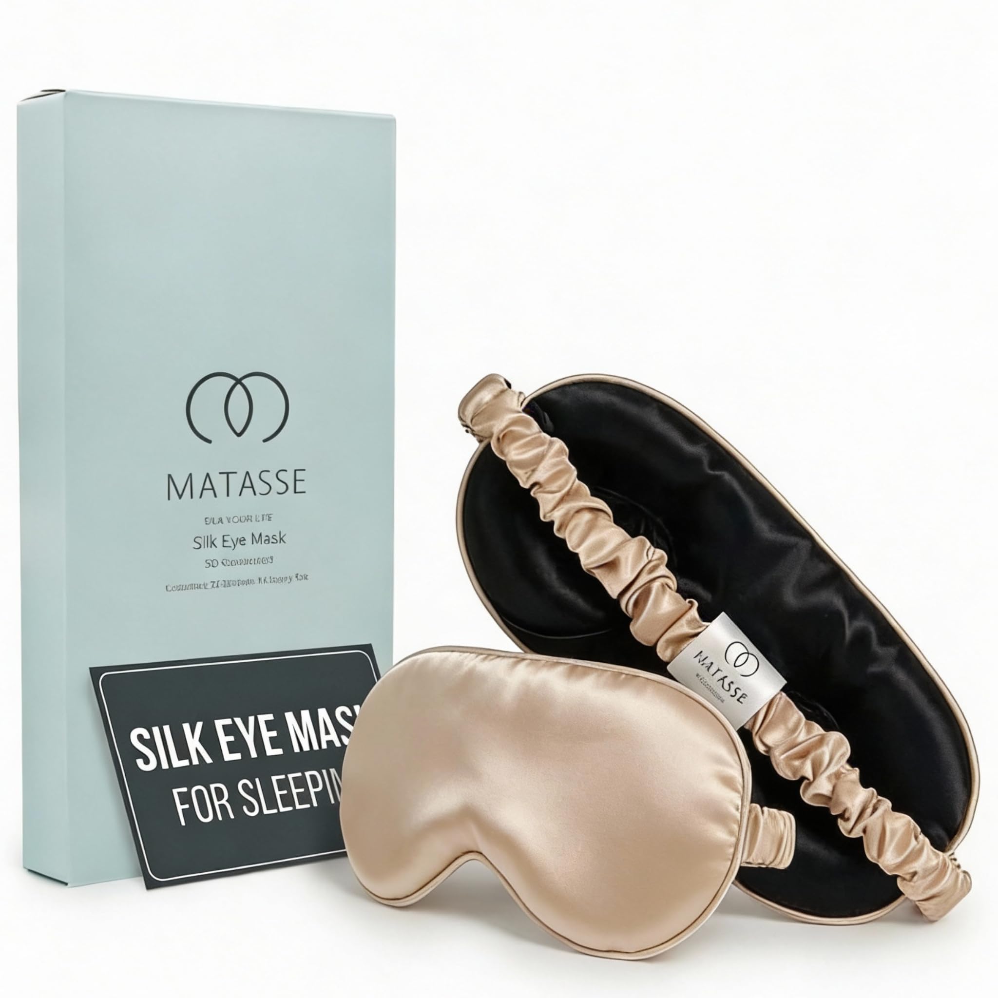 MATASSE Masque de Nuit Soie de Mûrier 100% 22 Mommes Grade 6A – Profilé 3D 14mm, Bandeau pour les Yeux Homme et Femme, Sangle Réglable – Noir/Champagne