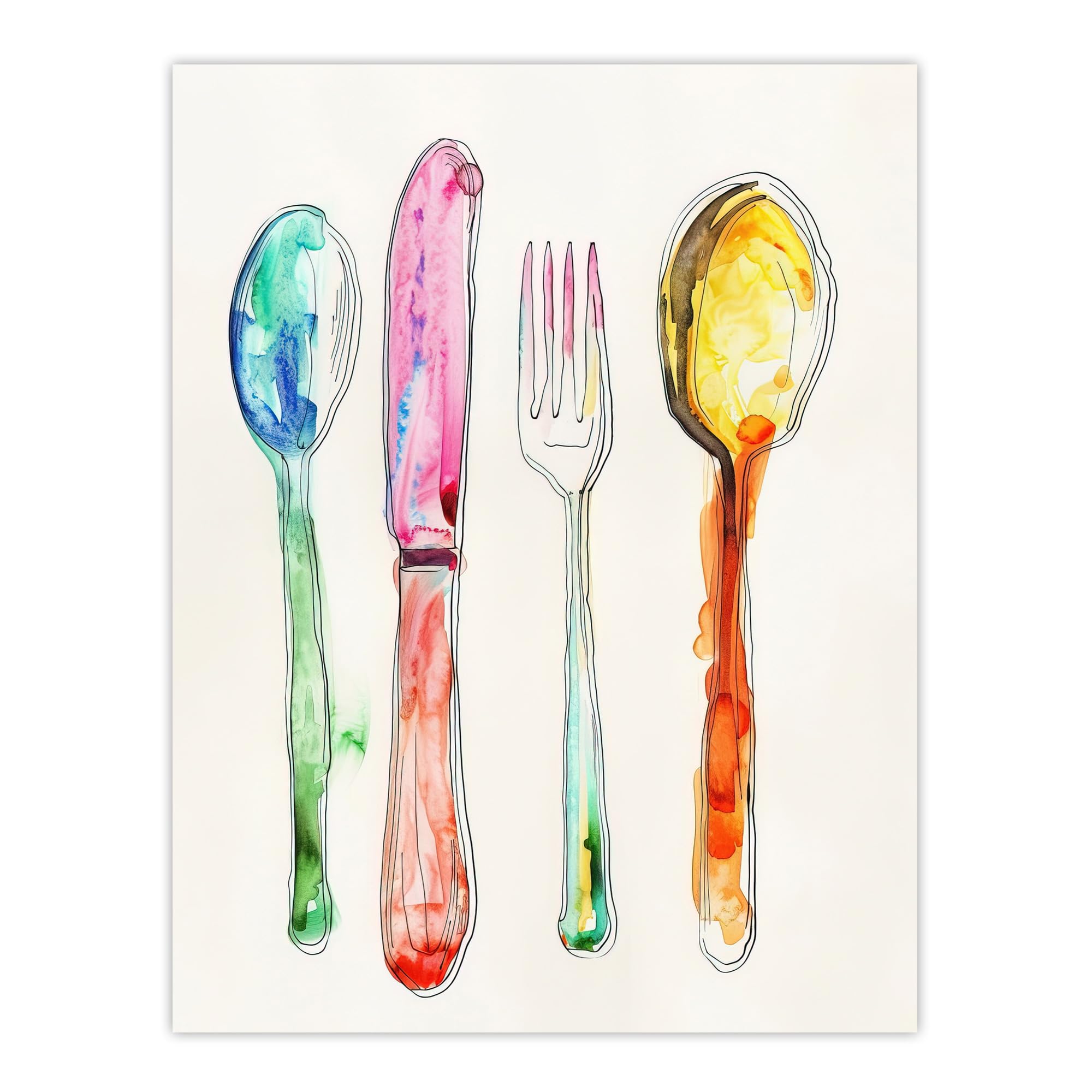 Artery8 - Watercolour Cutlery Wall Art Print - W24 inch x H32 inch