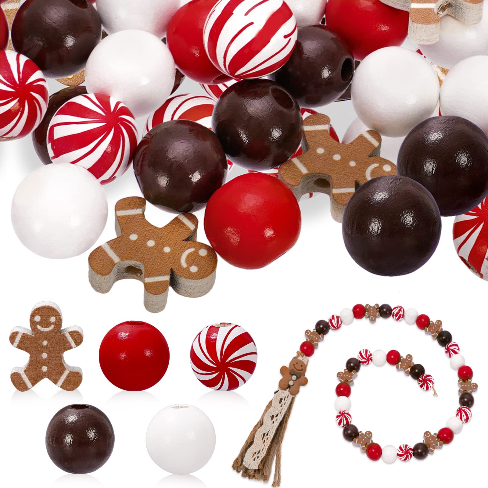 Whaline 180Pcs Christmas Wooden Beads Xmas Gingerbread Beads Red White Brown Stripe Round Craft Beads with Tassel Hemp Rope Christmas Garland Spacer Beads for Christmas Holiday Home DIY Craft Decor