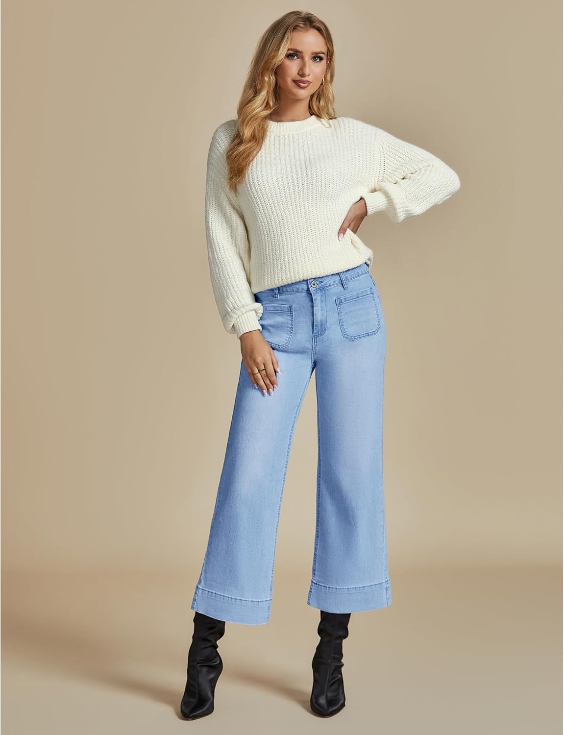 LookbookStore Wide Leg Cropped Jeans for Women High Waisted Stretchy Denim Jean Pants Baggy Flare Trouser Jeans Pockets - Image 9