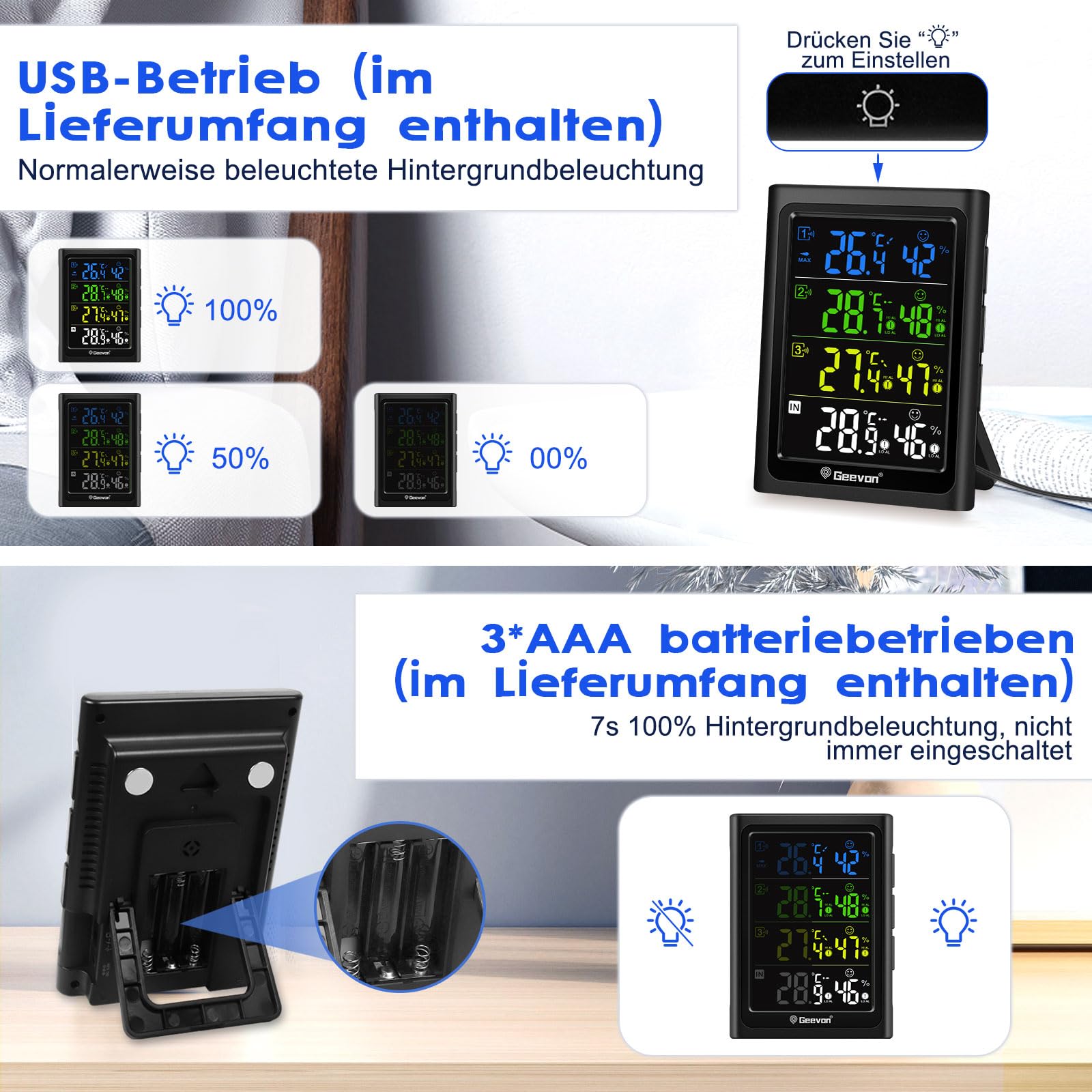 Geevon Termometro Interno Esterno con 3 Sensori a Distanza, Termometro Igrometro Digitale per Umidità, Misuratore di Temperatura e Umidità con Portata di 90M/300FT (Nero con Batteria)