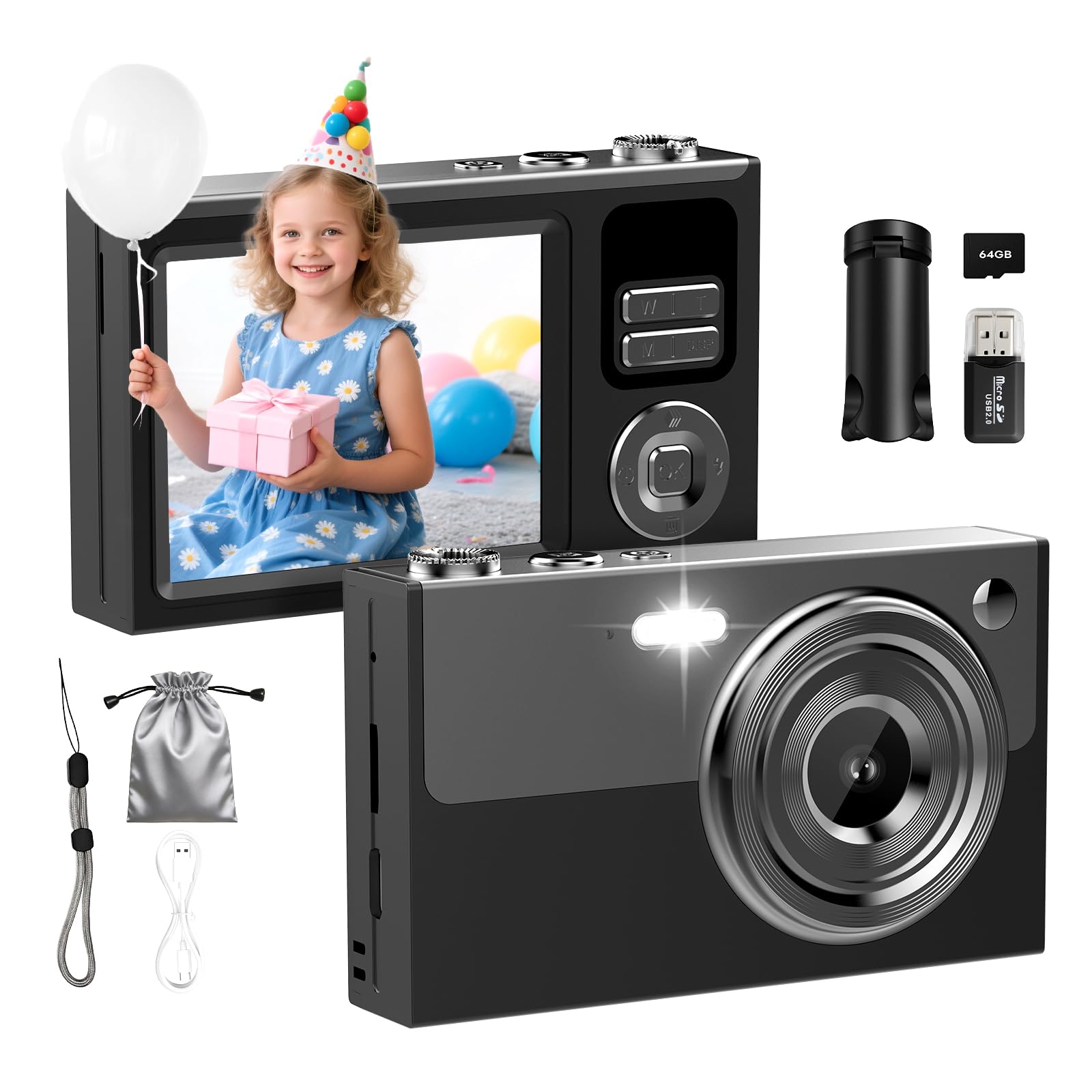 Digital Camera, 64MP 4K Camera for Kids with 2.8" IPS Screen, 64GB SD Card and 16X Digital Zoom Anti Shake, Point and Shoot Compact Camera, Compact Portable Small Gift for Boys Girls Students