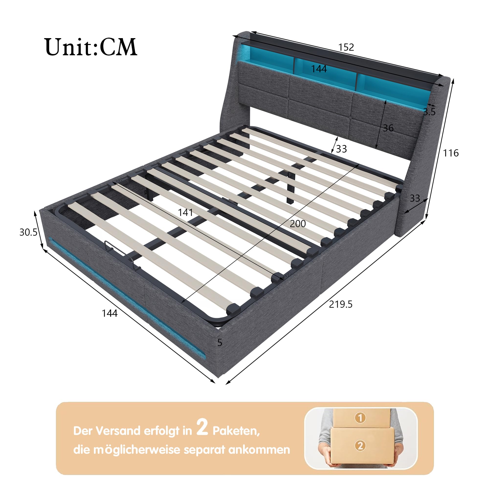 Letto baule 140 x 200 con LED, letto imbottito LED idraulico con porta USB letti imbottiti con cassapanca letti matrimoniali con contenitore (grigio+lino-1, 140 x 200)