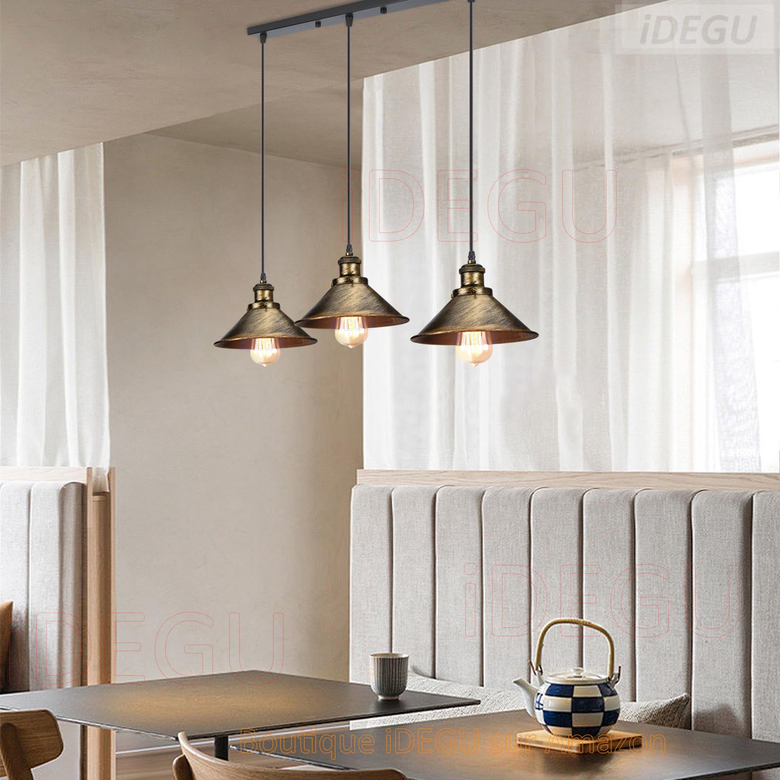 iDEGU 3 Luci Lampadario a Sospensione Industriale Lampada a Sospensione Vintage Stile Edison E27 Plafoniera Lampada da Soffitto per Sala da Pranzo Soggiorno Cucina Bar, 22CM (3 Luci Palo, Bronzo)