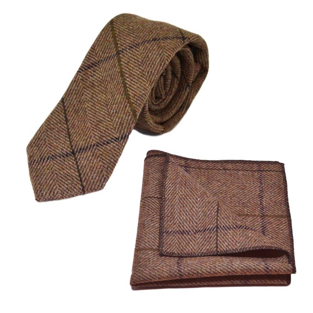 King & Priory Luxury Peanut Brown Herringbone Check Tie & Pocket Square Set, Tweed