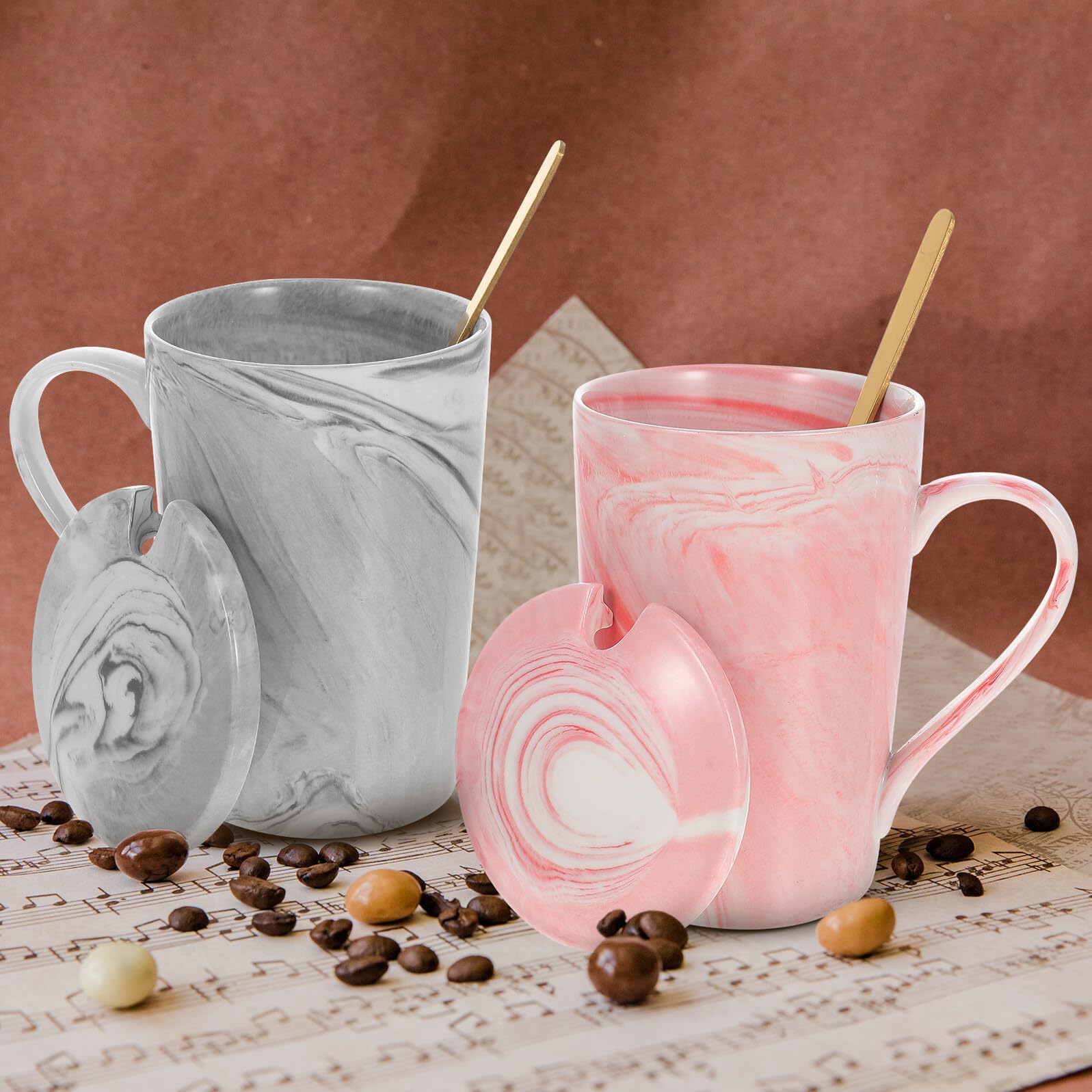 Tazas de Café de Mármol de Cerámica 2 Piezas Tapa y Cuchara Juego de Vasos para Beber Agua y Té en Casa U Oficina Diseño Moderno en Rosa y Gris para Obsequio