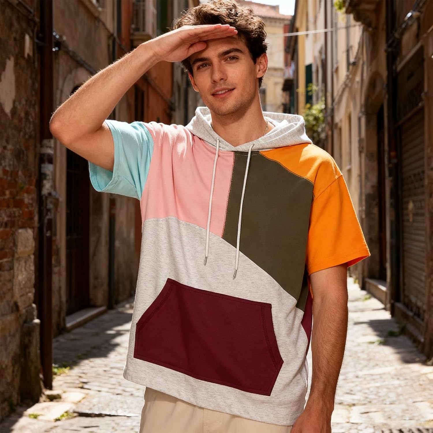 Mens Short Sleeve Hoodie Soft Cotton Color Block T-Shirt Sweatshirt Big Pocket Half Sleeve Summer Pullover - Image 7