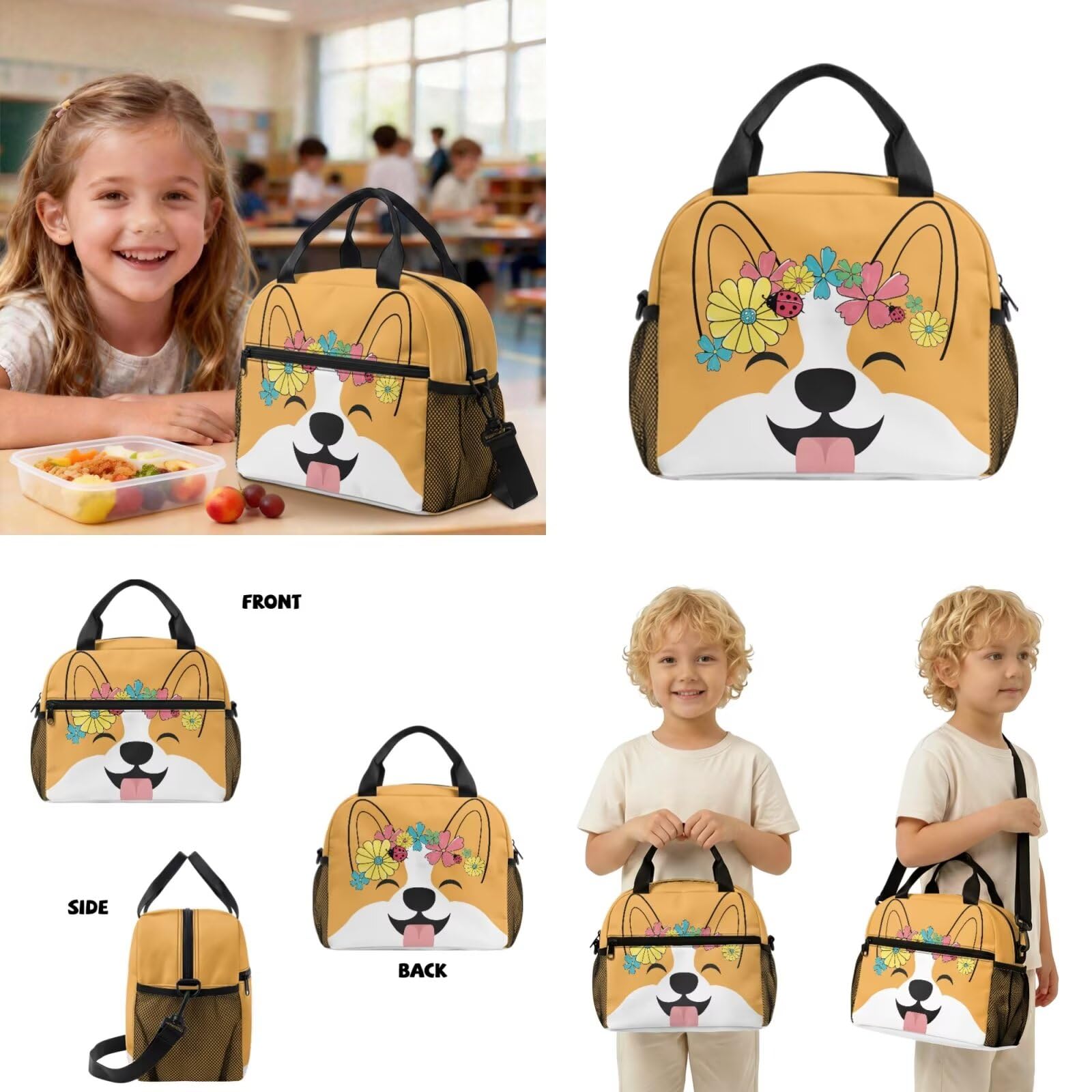 Uroczy plecak kawaii dla dziewcząt szkolnych plecak z pudełkiem na lunch przedszkole przedszkole torba szkolna 2 szt. zestaw toreb na książki, Kwiatowy Corgi, S, Klasyczny