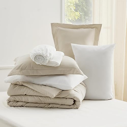 Miniatura 8 de Bedsure Juego de edredón tamaño Queen, color beige, edredón suave de 7 piezas para cama tamaño Queen con sábanas, fundas de almohada y fundas, cama