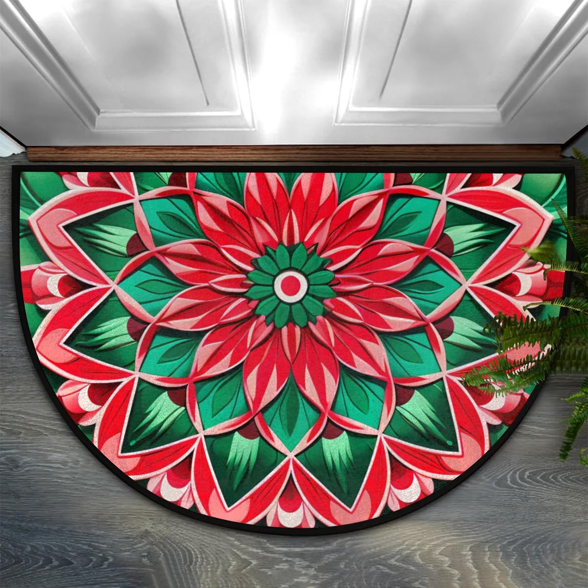 cfpolar Half Round Door Mat Ethnic Mandala Green Flower Non-Slip Semi Circle Area Rug Washable Half Moon Hearth Rugs for Indoor Outdoor Bathroom Kitchen Patio Runner Mat Laundry Room Home Decoration