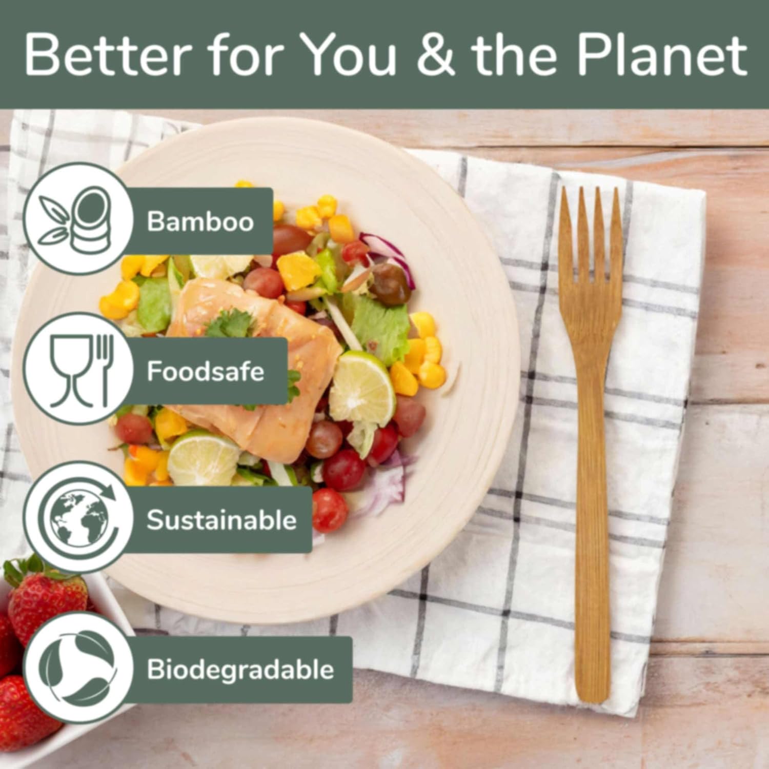 BambooMN Premium Solid Bamboo Dinner Fork 8" - All Natural Reusable Dinnerware - 100 pcs