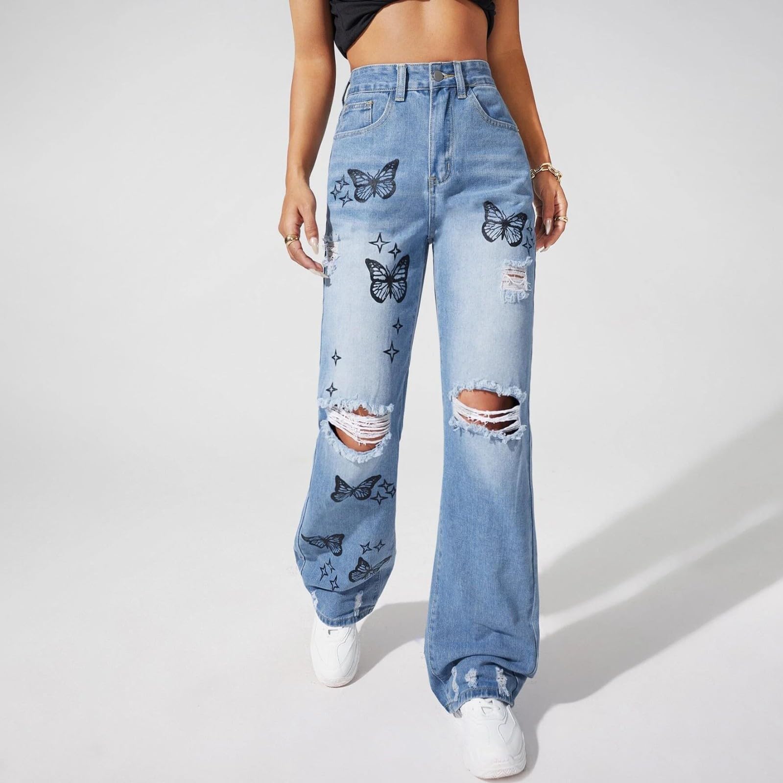Générique Pantalon De Grossesse à la déchiré et brodé pour Dames Pantalon Molleton (Blue, L)