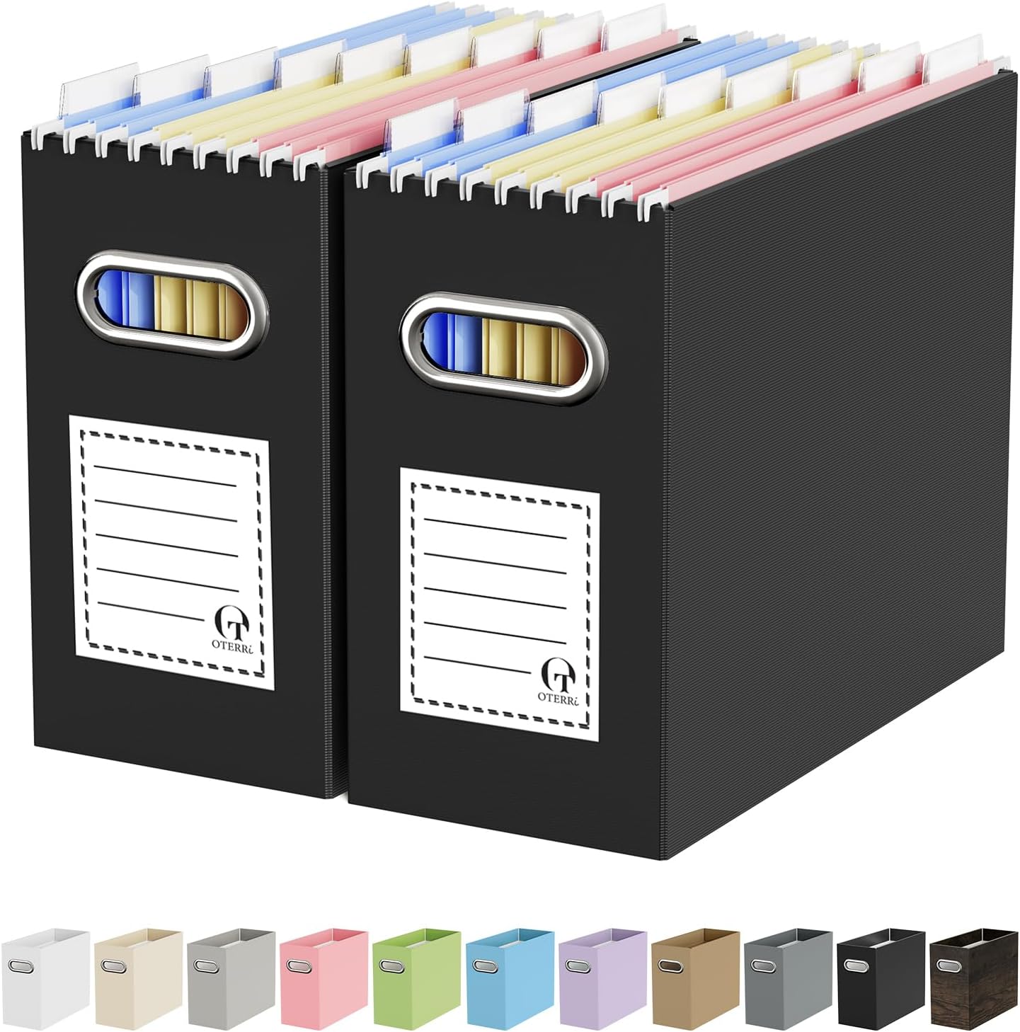 Oterri File Organizer Box, Portable Collapsible Cardboard File Folder Organizer with Handle for Letter Size Hanging Files, Document Storage Box for Home Office & Classroom (2 Packs, Black)