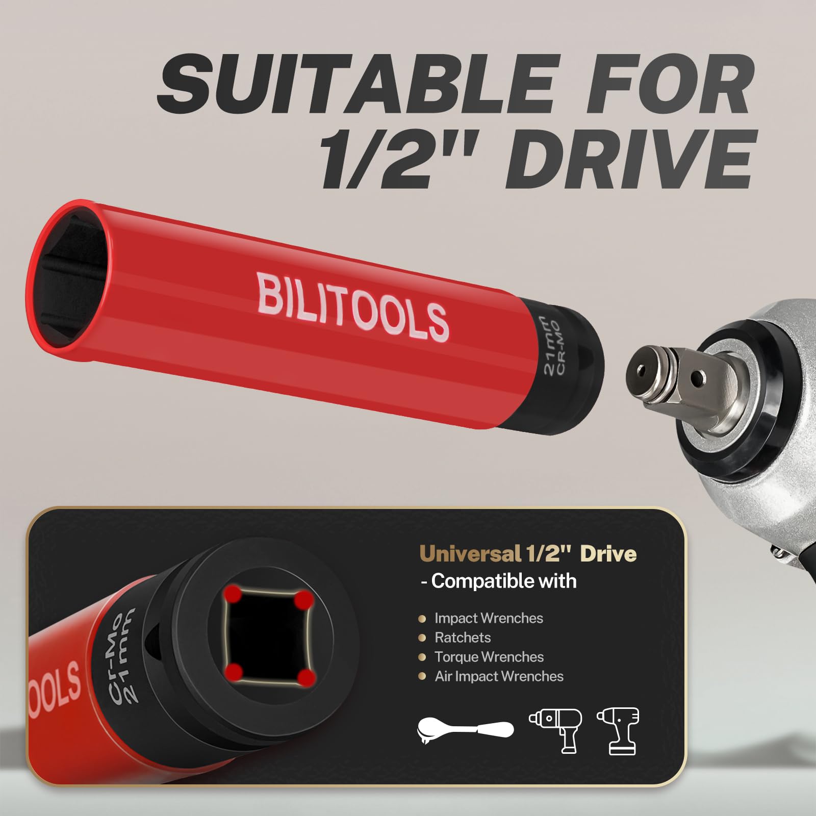BILITOOLS Set di chiavi a bussola da 1/2", 17, 19, 21 mm, extra lunghe, 15,2 cm, non si rovinano