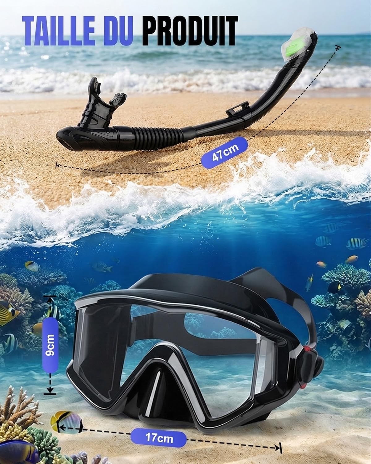 Masque de Plongée avec Vision Panoramique 180°,Masque Tuba Adulte Anti-Buée et Anti-Fuite avec Verre Trempé HD, Lunette Tuba Snorkeling RéGlable pour Natation, Plongée et Apnée
