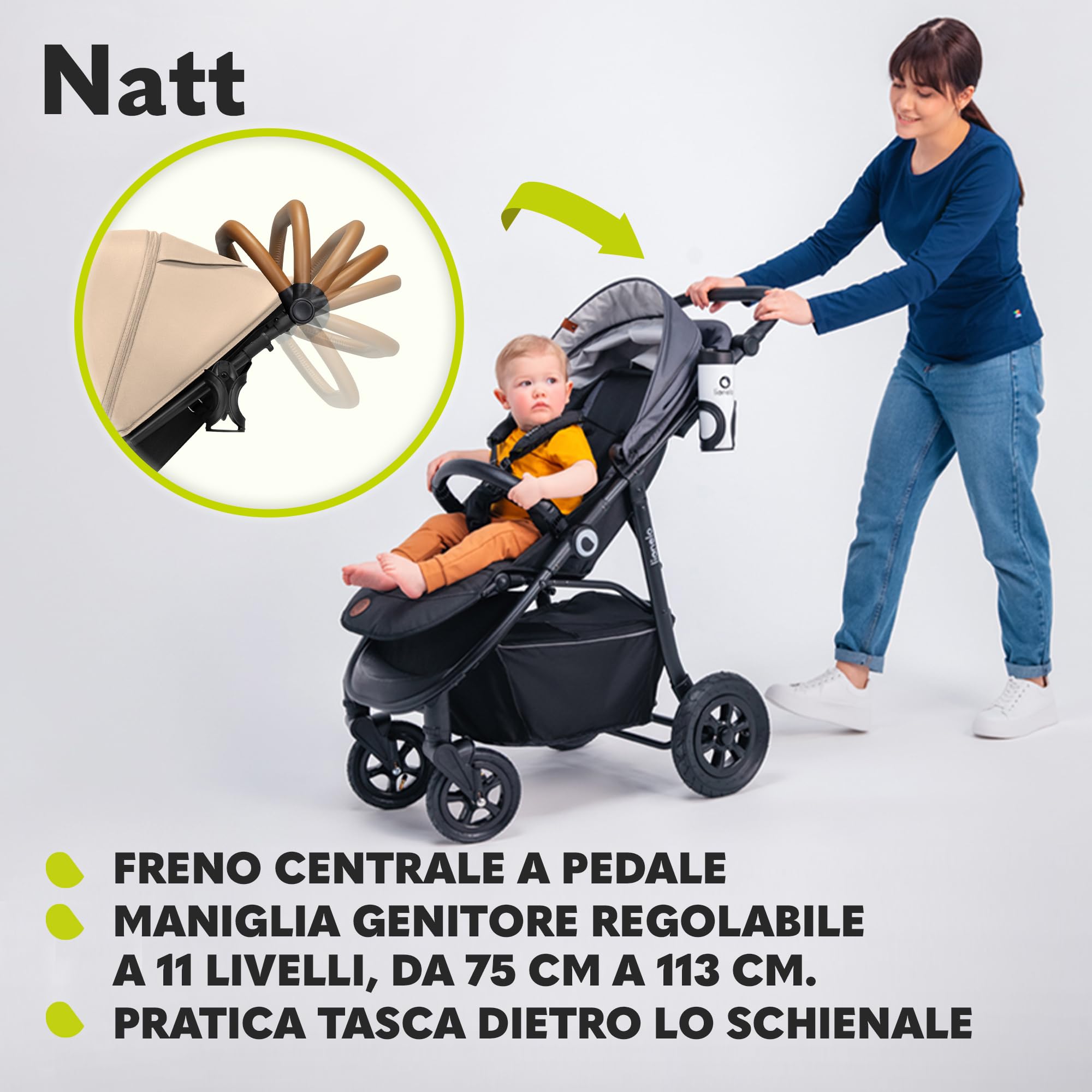 LIONELO Natt Passeggino Compatto Pieghevole per Bambini Da 0 fino a 22 kg | Dalla Nascita, Schienale Reclinabile, Poggiapiedi Regolabile, Cinture a 5 Punti, Grandi Ruote, Sospensioni, Cappottina XXL