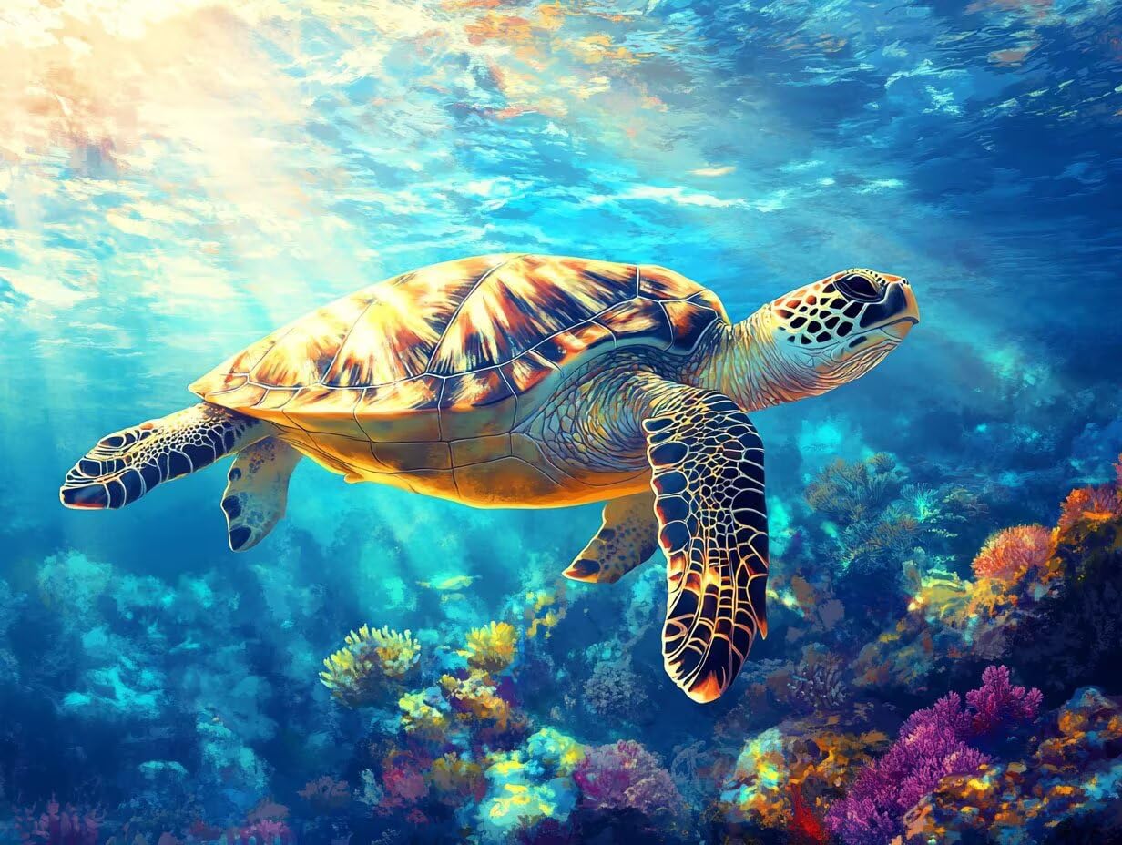 Pintar por Numeros Adultos tortuga marina fondo mar, DIY Painting by Numbers Kits, Pintura por Números Cuadros DIY, con Pinceles, Pinturas Acrílicas, Kit Completo para Painting 60 x 80 cm 0F-179