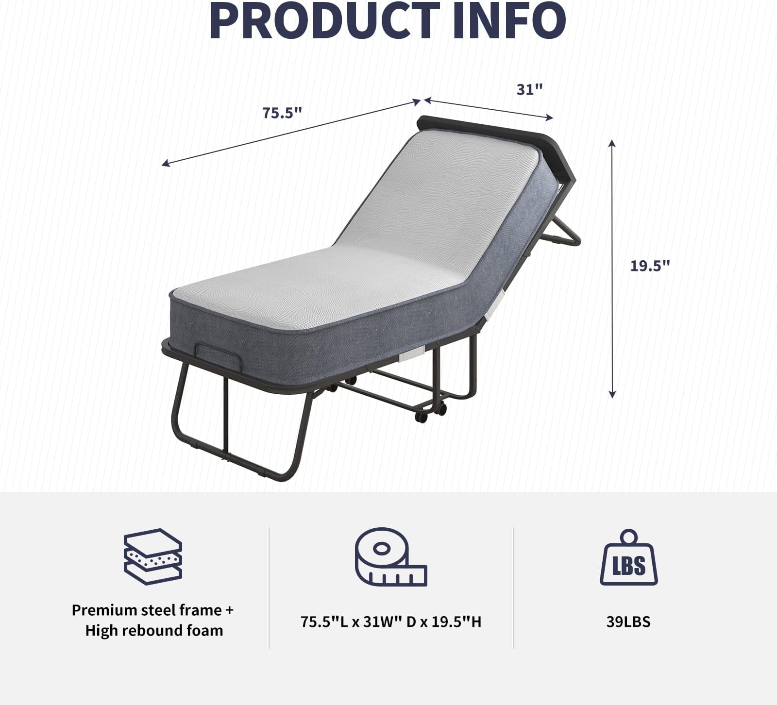 ZAFLY Folding Bed with 5 Inch Mattress,Twin Size Portable Foldable Guest Beds with Headboard for Adults,Rollaway Bed Storage Cover Included,Space Saving Fold up Metal Frame,75 x 31 Inch