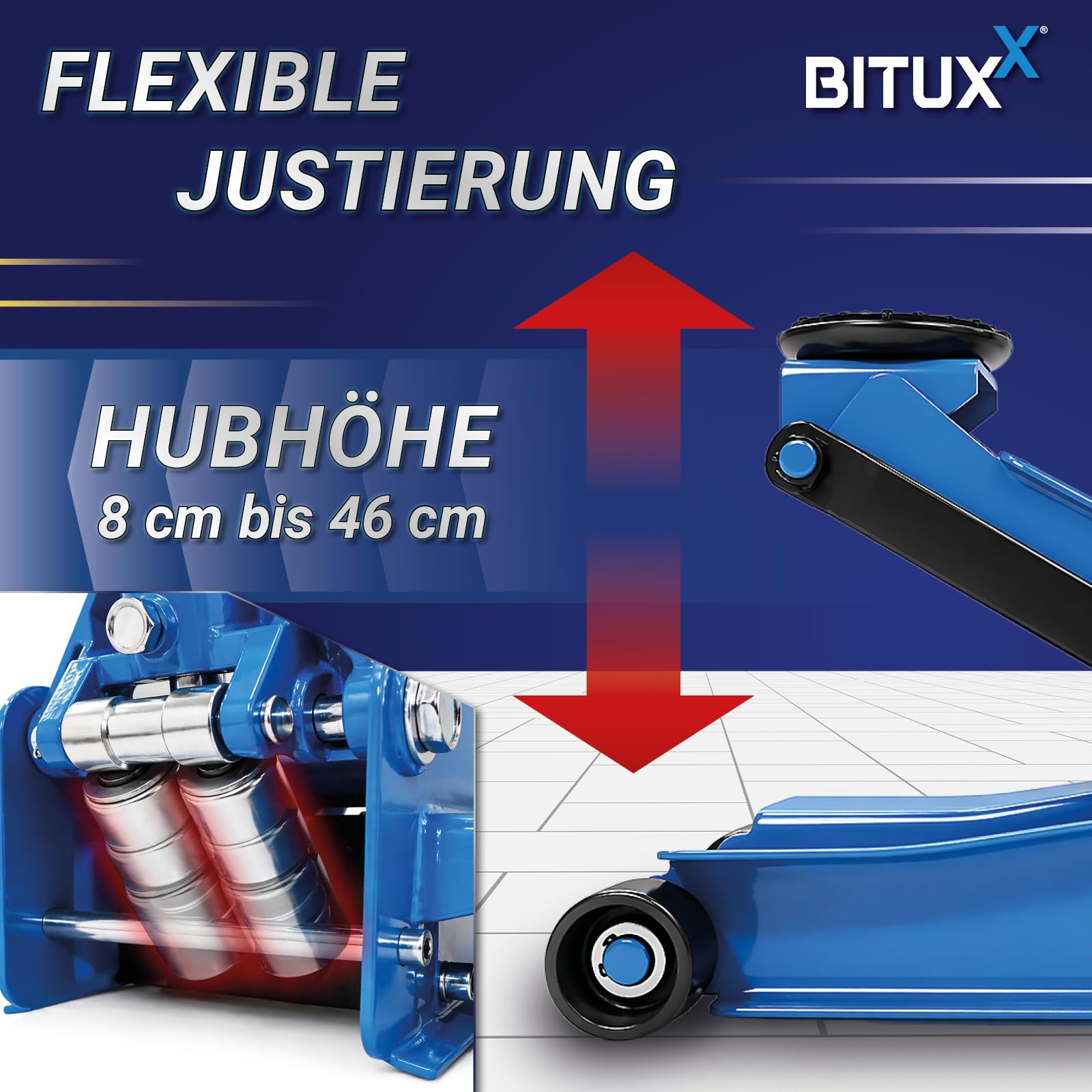 BITUXX Hydraulischer Rangierwagenheber 3T extra flach Wagenheber hydraulisch 3 Tonnen Hubhöhe von 8 cm bis 51 cm inkl. Gummiauflage und mit 2 Hydraulikkolben